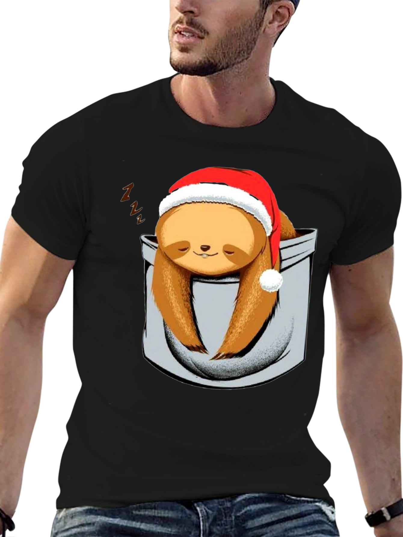 Sloth in Pocket Christmas T-Shirt - Holiday Gift