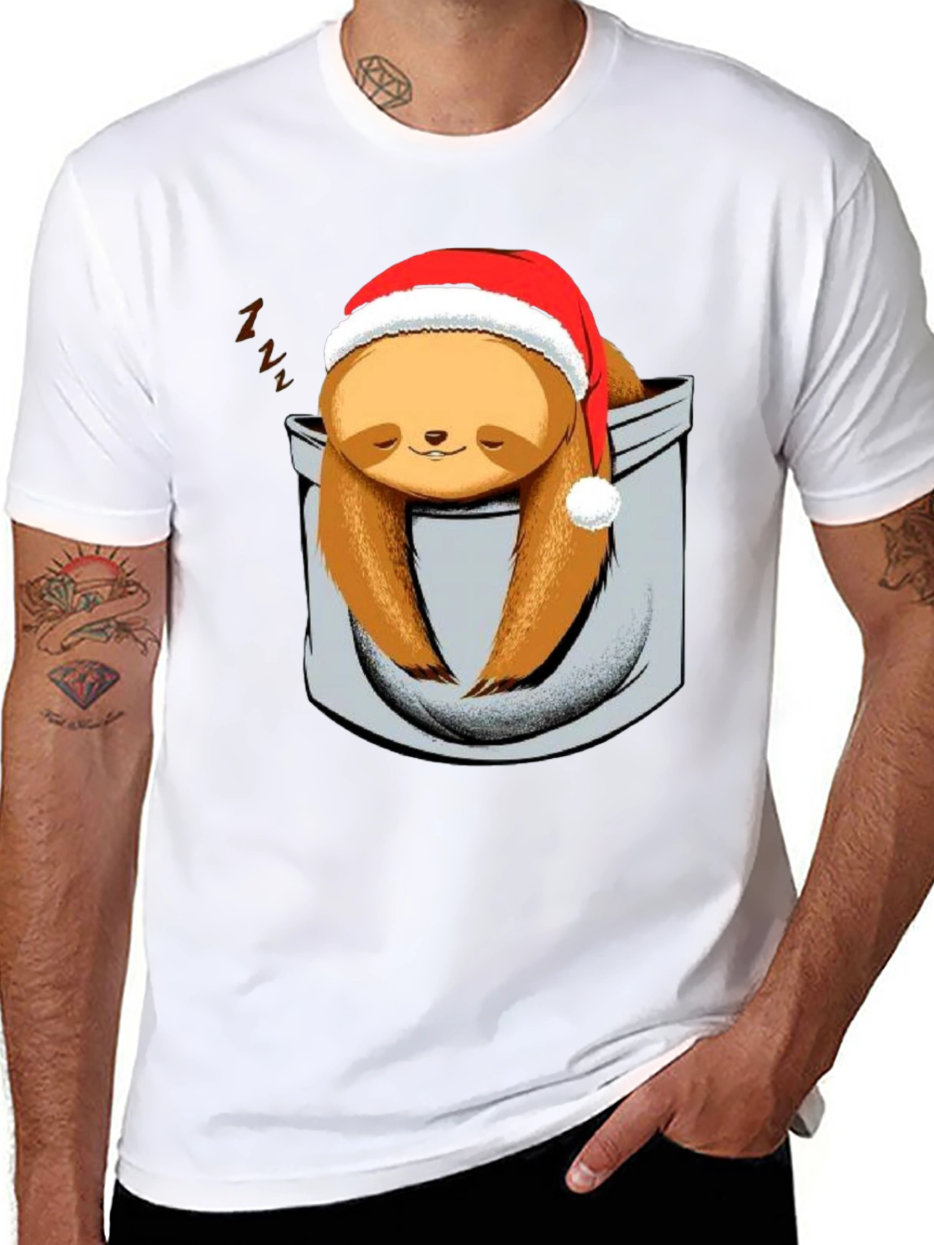 Sloth in Pocket Christmas T-Shirt - Holiday Gift