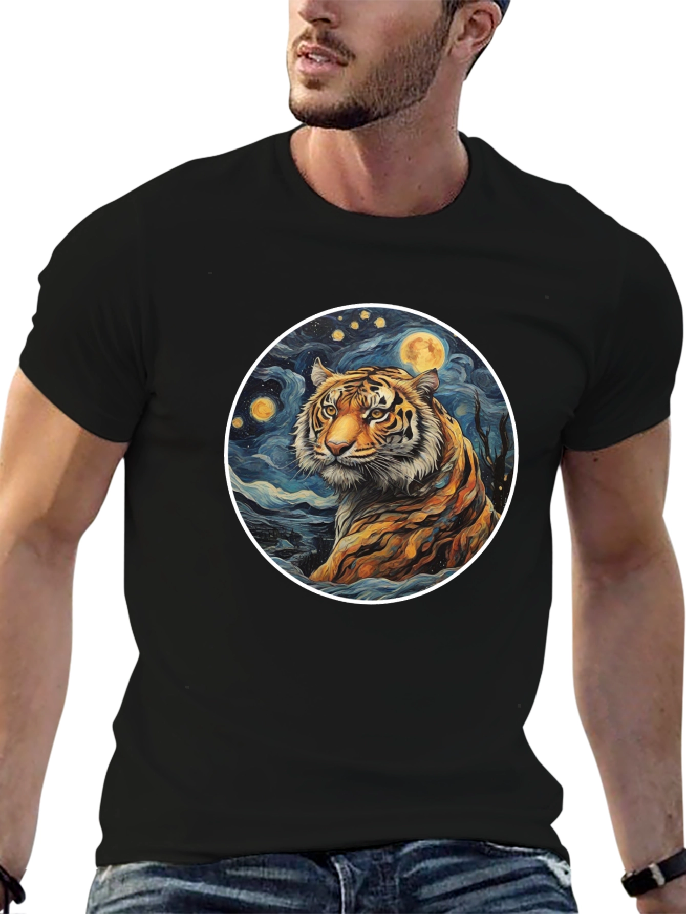 Tiger Moon Graphic Tee - Artistic Style