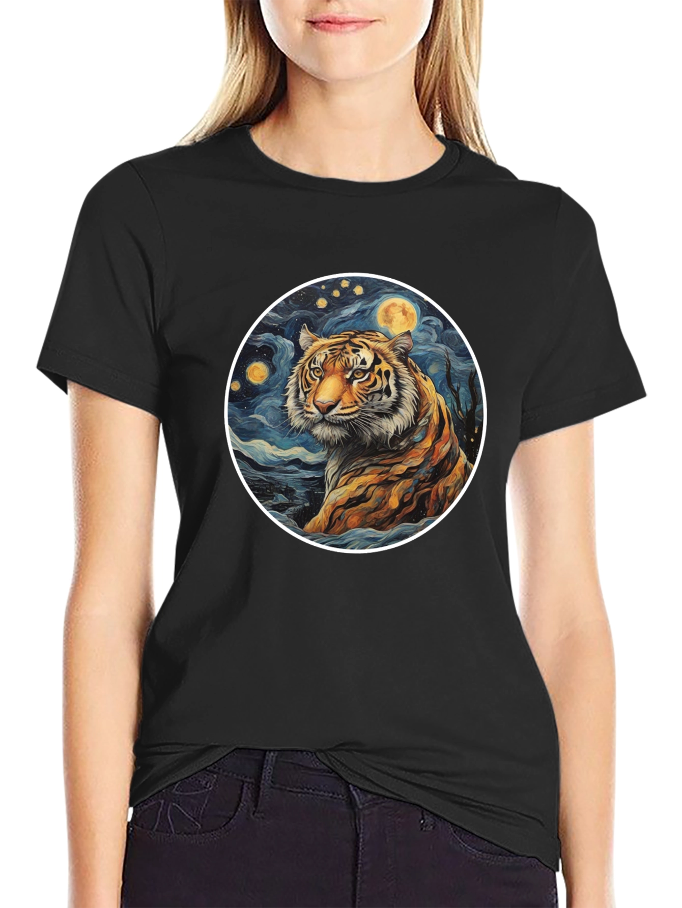 Tiger Moon Graphic Tee - Artistic Style