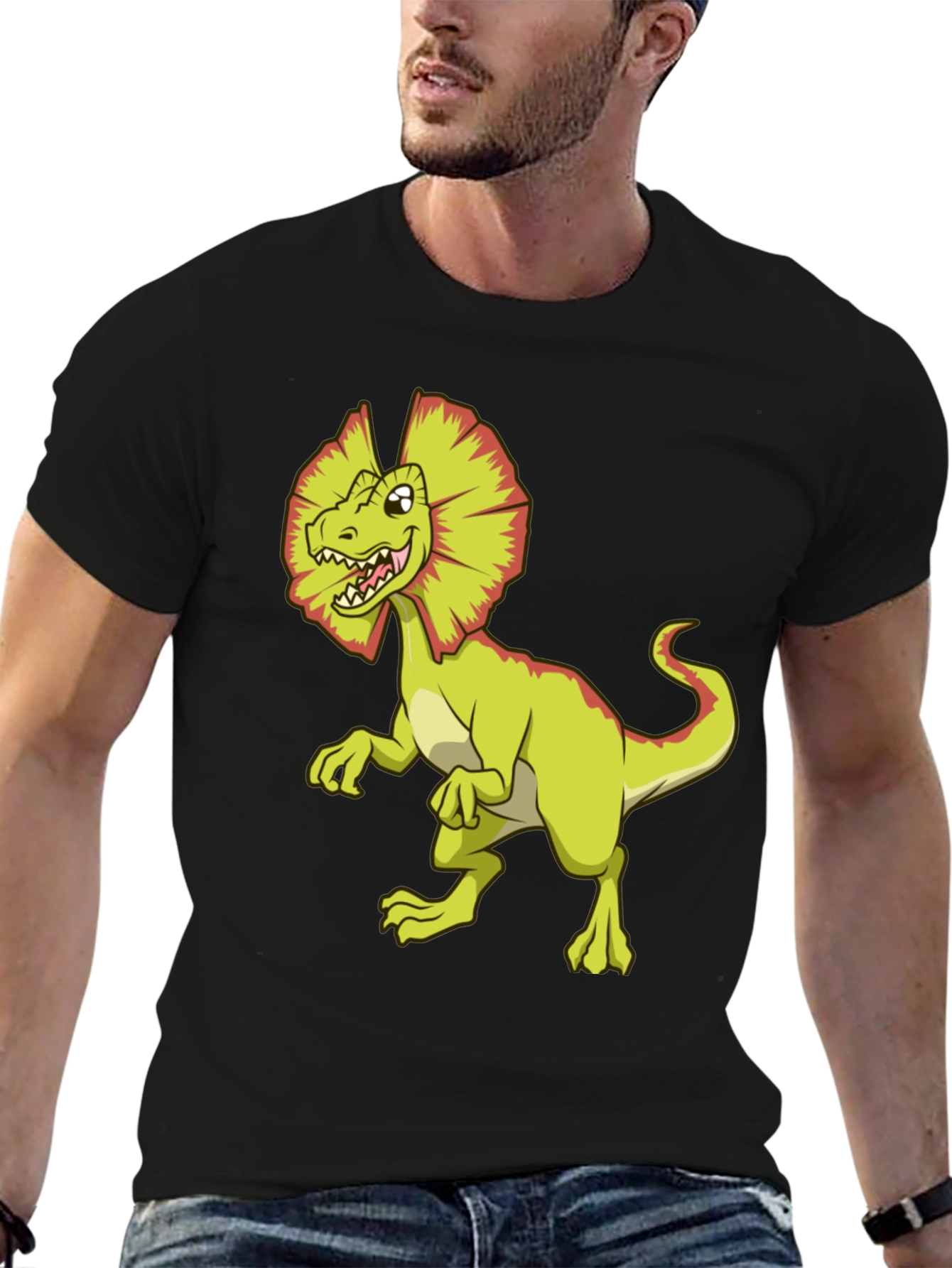 Dino Cartoon Graphic Tee - Black Cotton T-Shirt