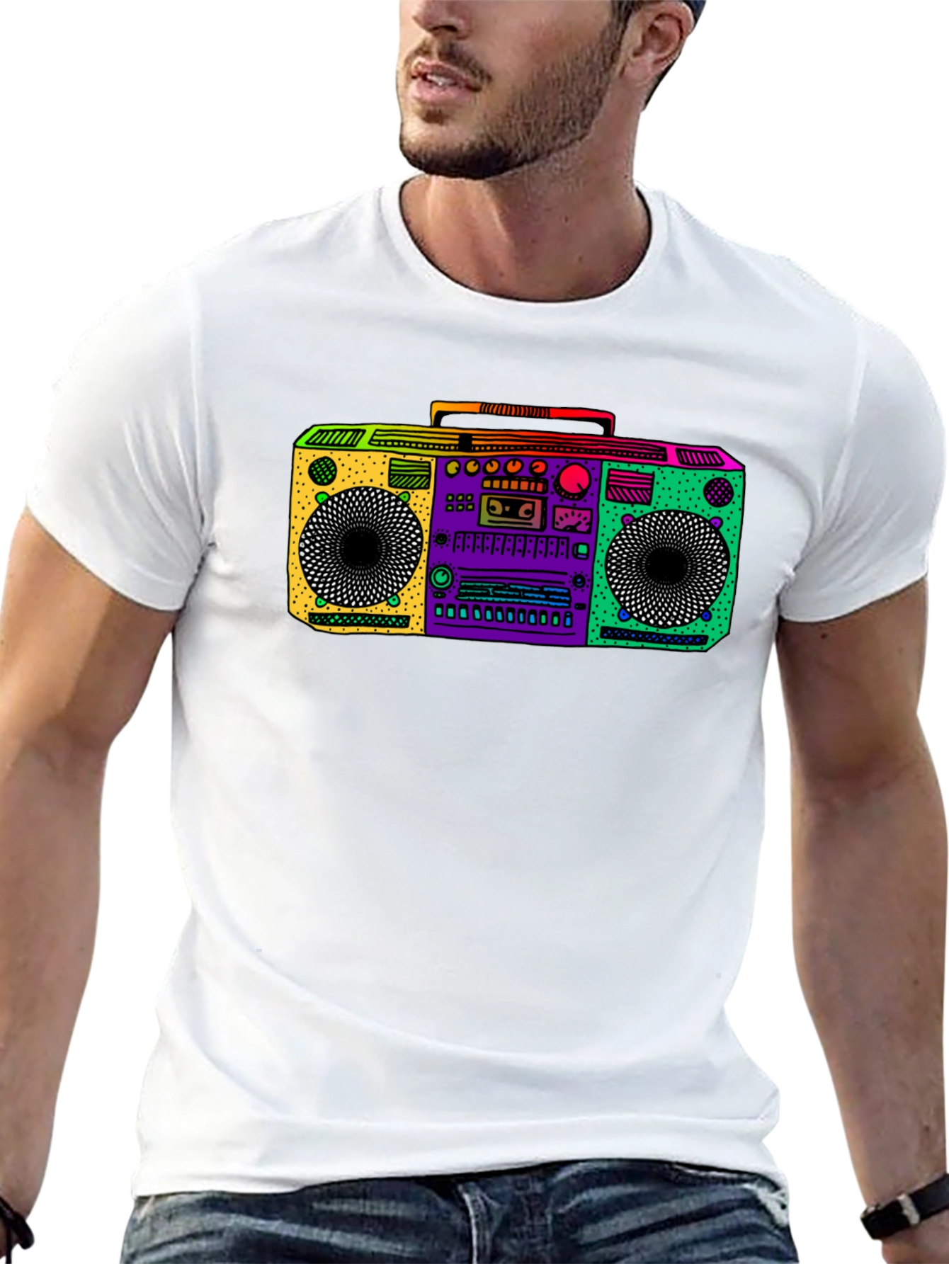 Retro Boombox Graphic Tee - Black Cotton T-Shirt