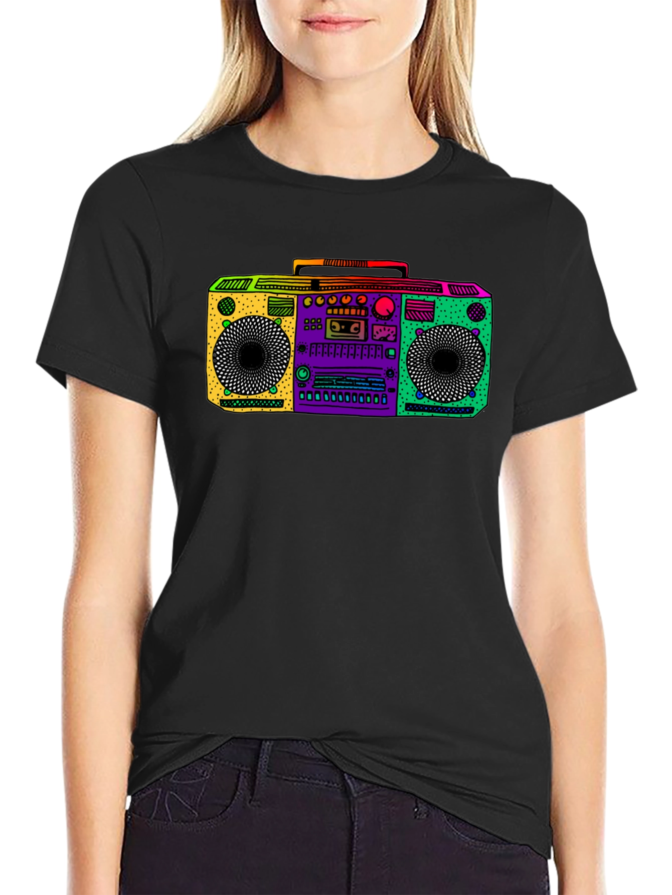 Retro Boombox Graphic Tee - Black Cotton T-Shirt