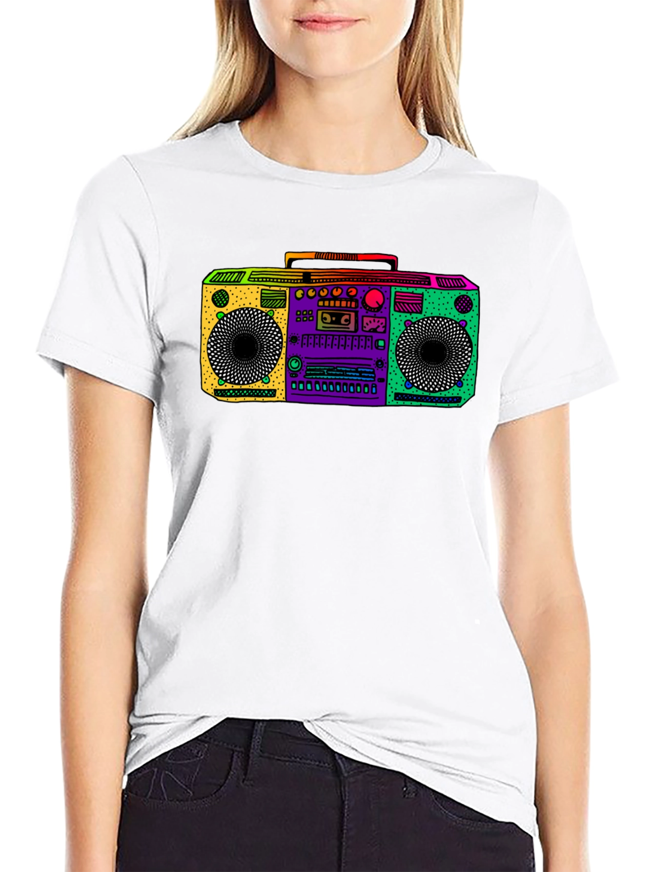 Retro Boombox Graphic Tee - Black Cotton T-Shirt