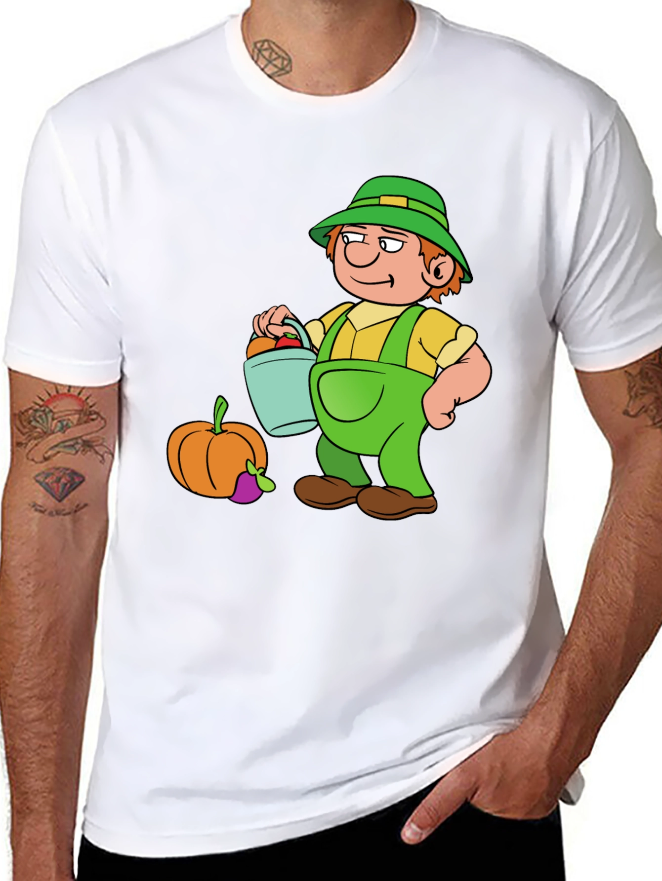 Cartoon Farmer Graphic T-Shirt - Black Cotton Tee