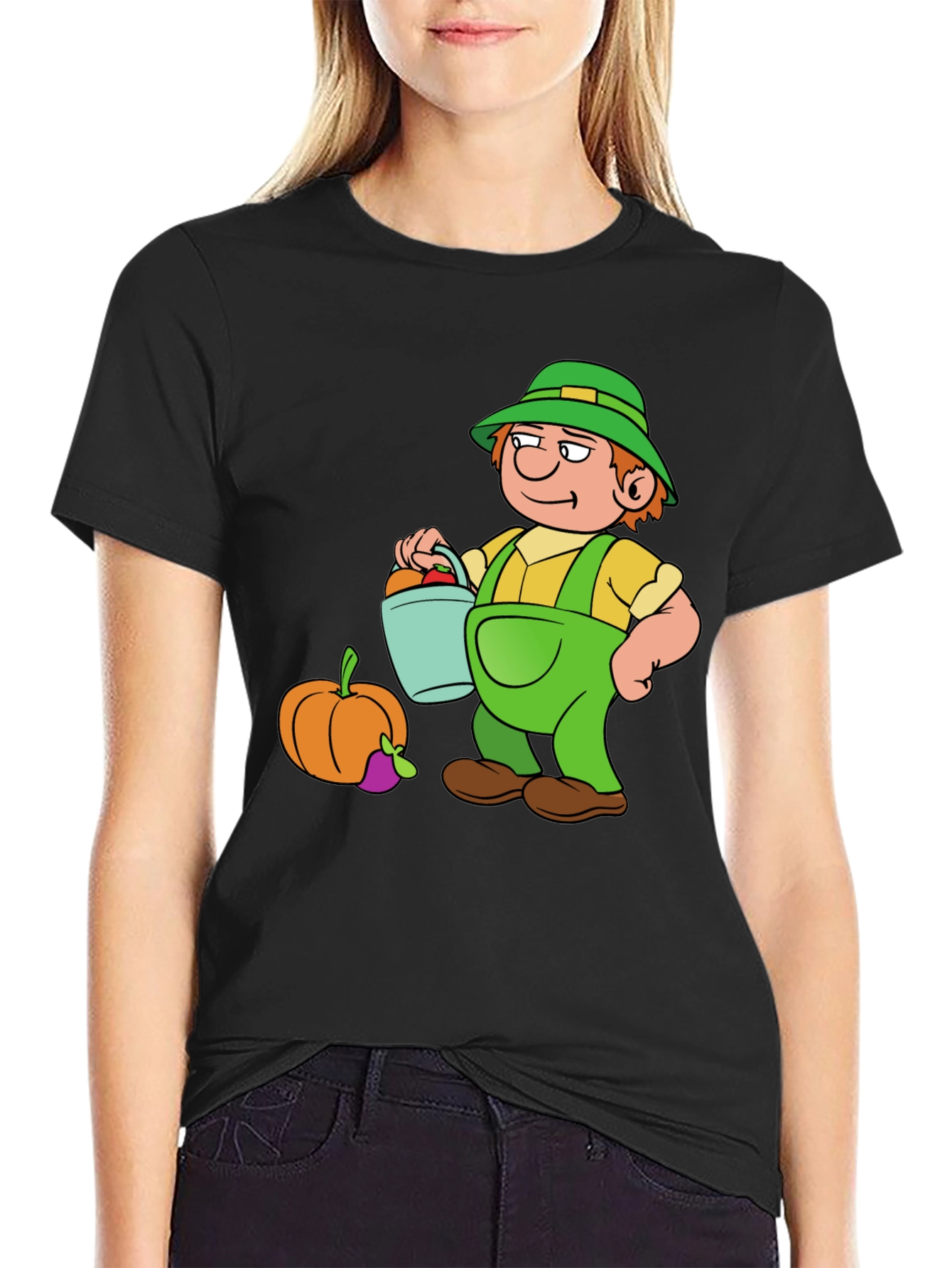 Cartoon Farmer Graphic T-Shirt - Black Cotton Tee