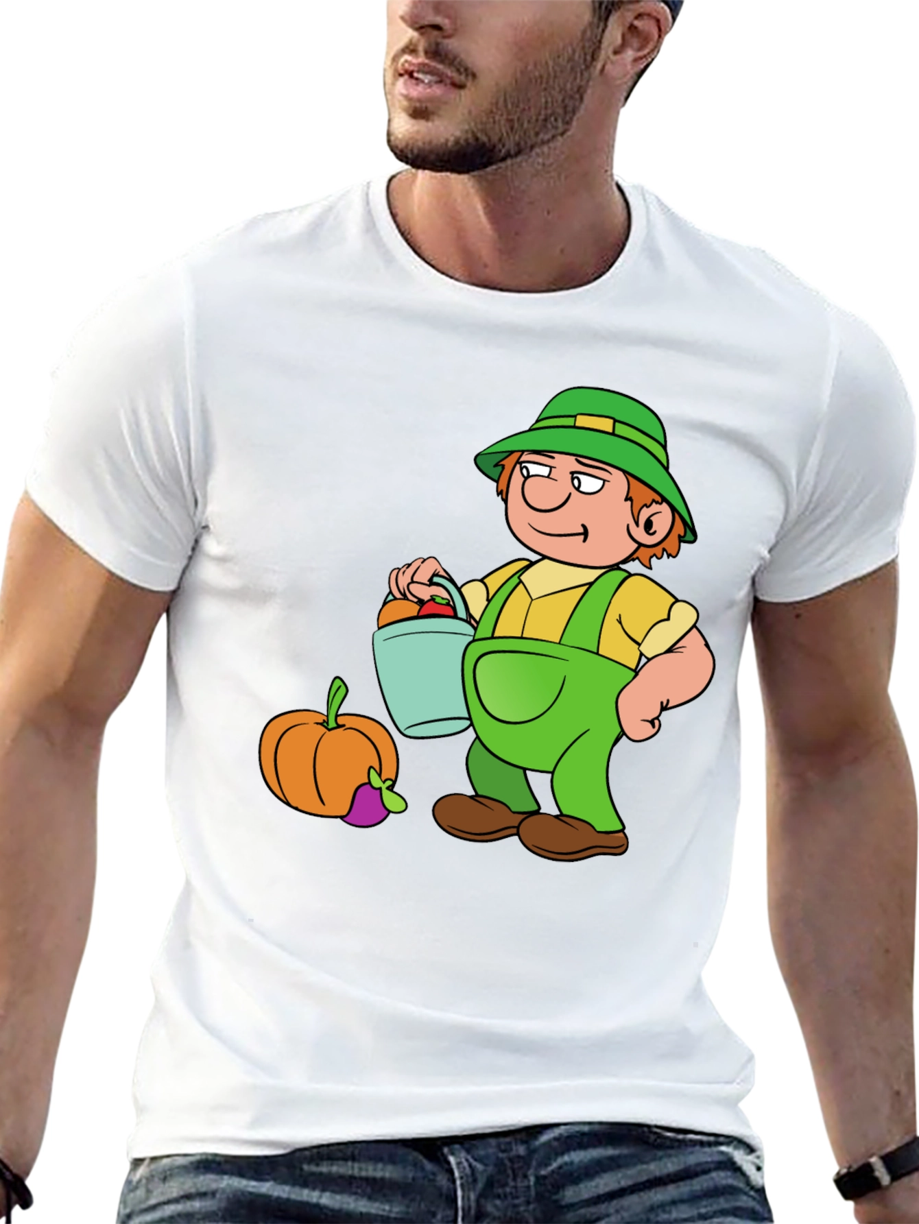 Cartoon Farmer Graphic T-Shirt - Black Cotton Tee