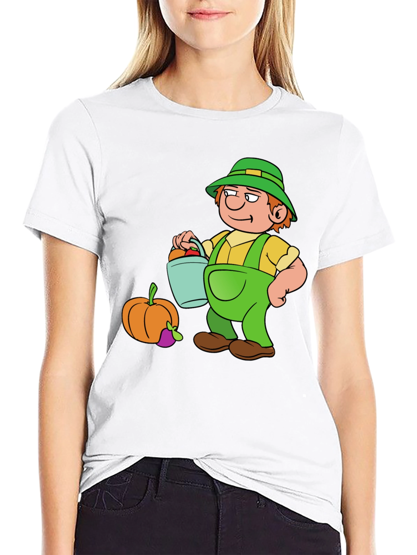 Cartoon Farmer Graphic T-Shirt - Black Cotton Tee
