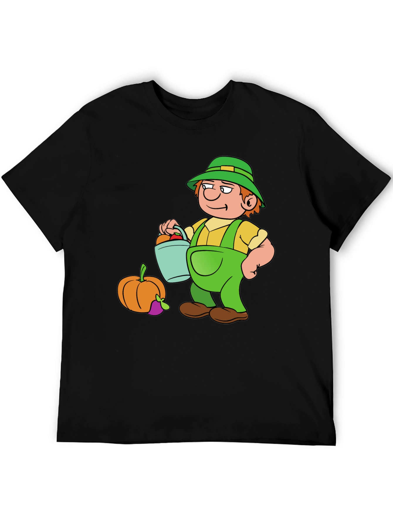 Cartoon Farmer Graphic T-Shirt - Black Cotton Tee