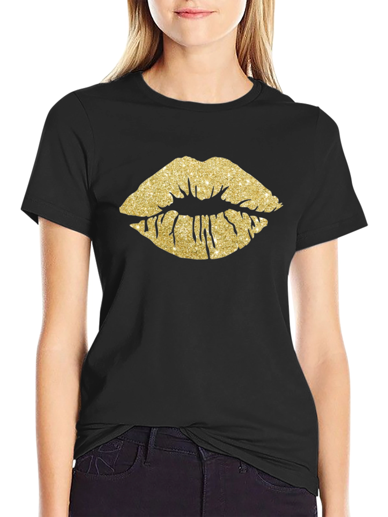Gold Glitter Lips Graphic Tee - Stylish Black T-Shirt
