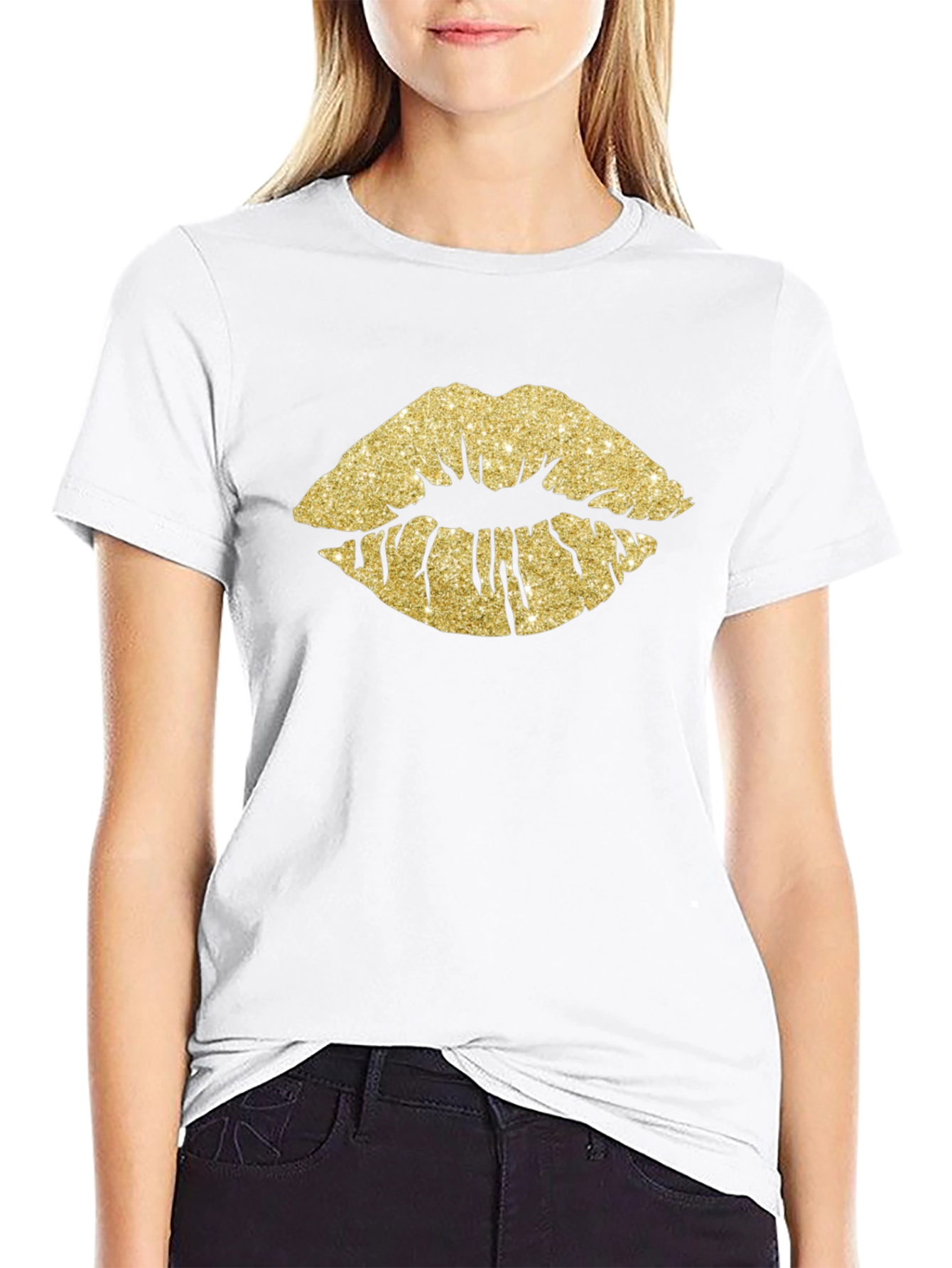 Gold Glitter Lips Graphic Tee - Stylish Black T-Shirt