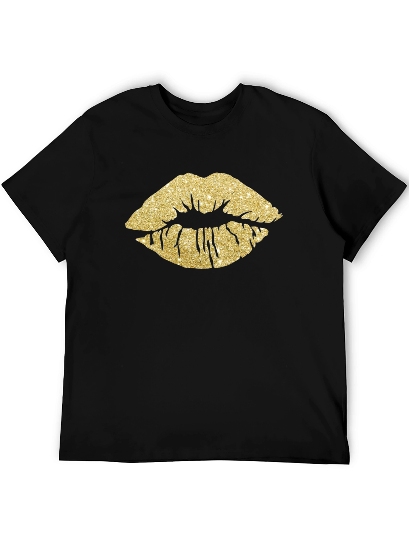 Gold Glitter Lips Graphic Tee - Stylish Black T-Shirt