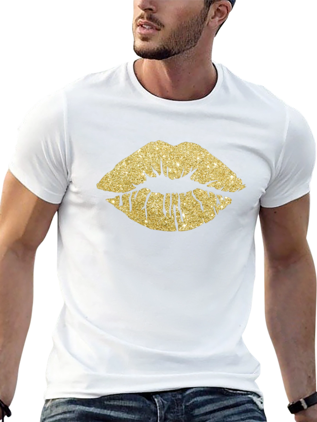 Gold Glitter Lips Graphic Tee - Stylish Black T-Shirt