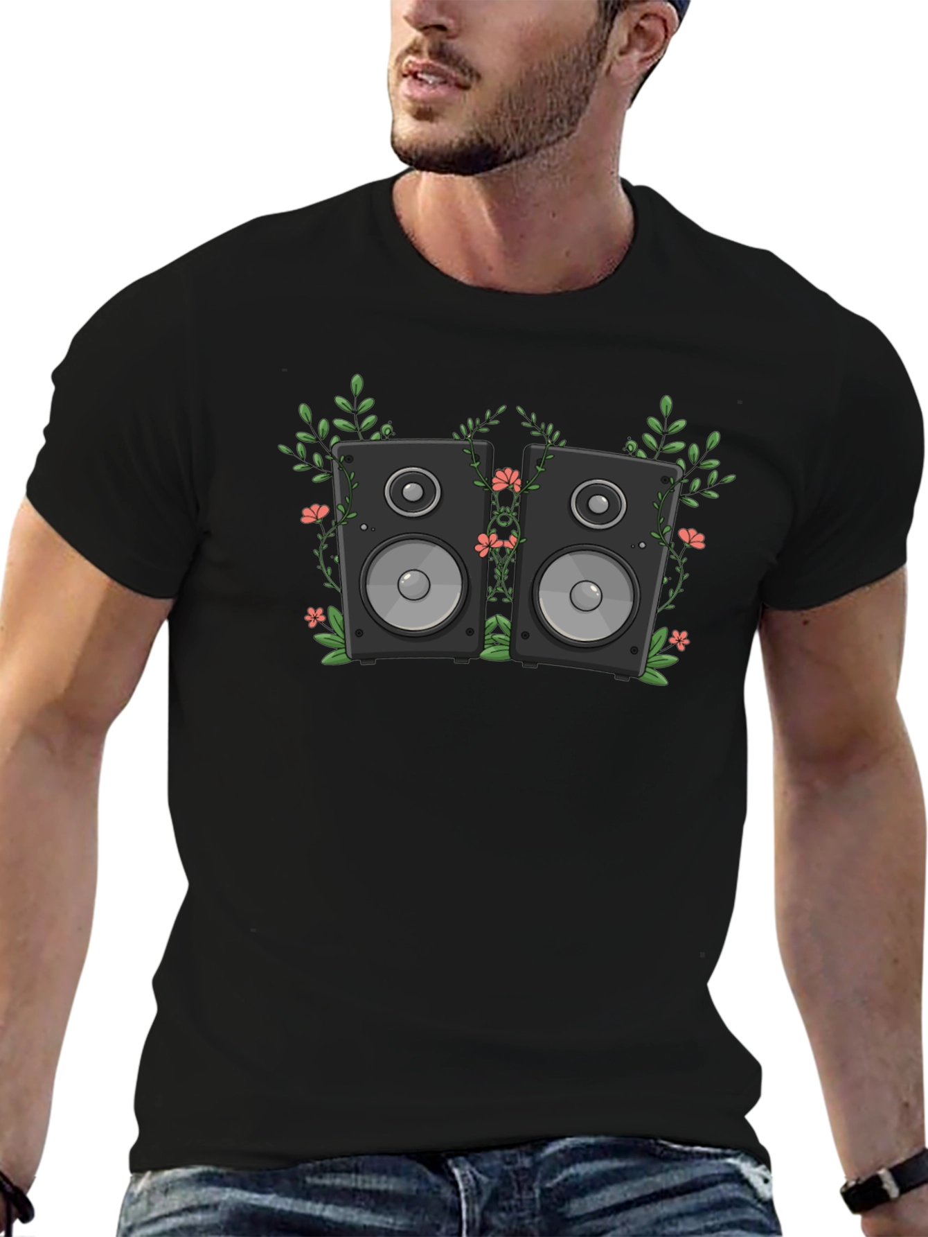 Floral Speakers Graphic Black T-Shirt