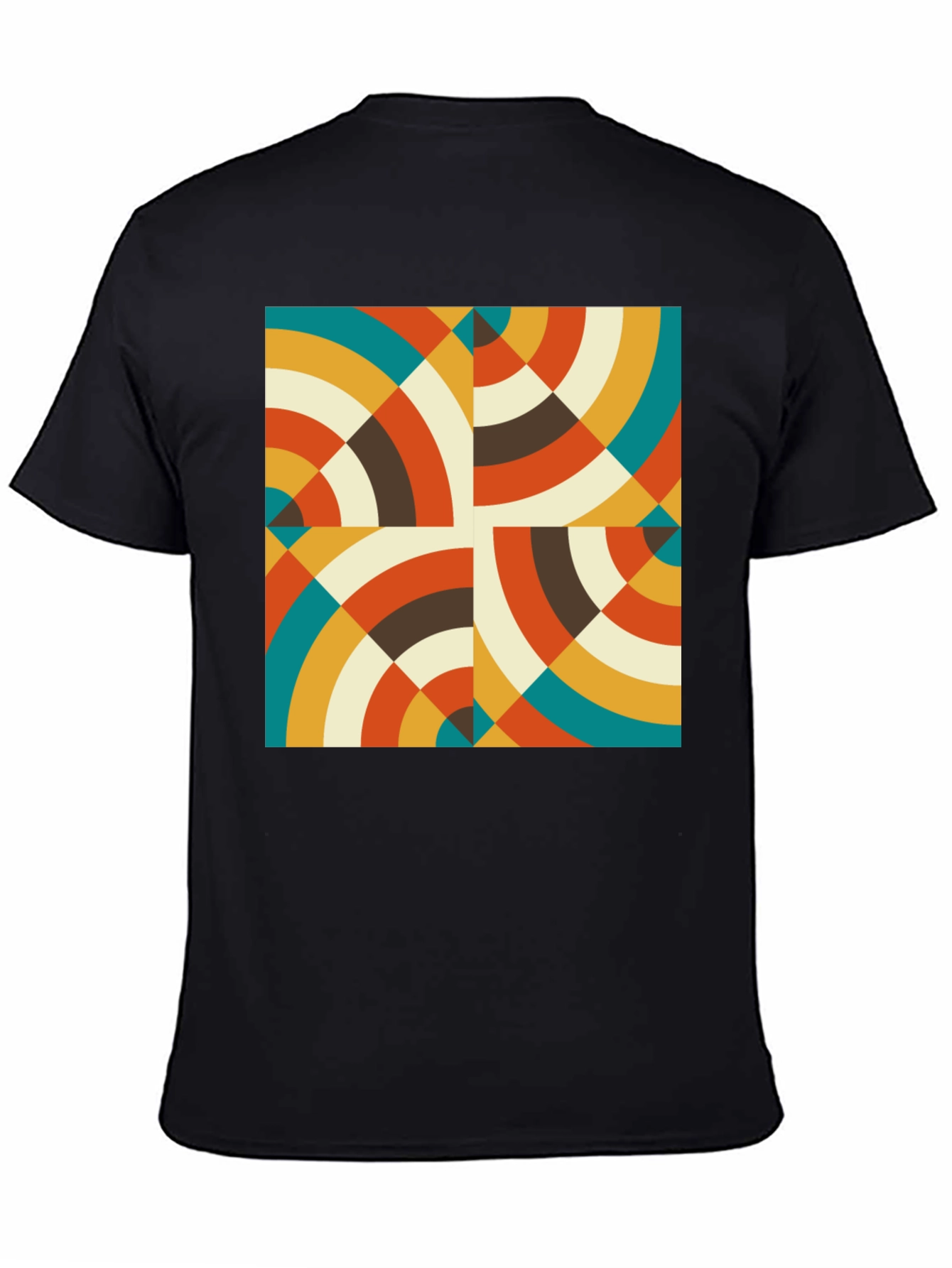 Retro Geometric Circle Pattern Black T-Shirt