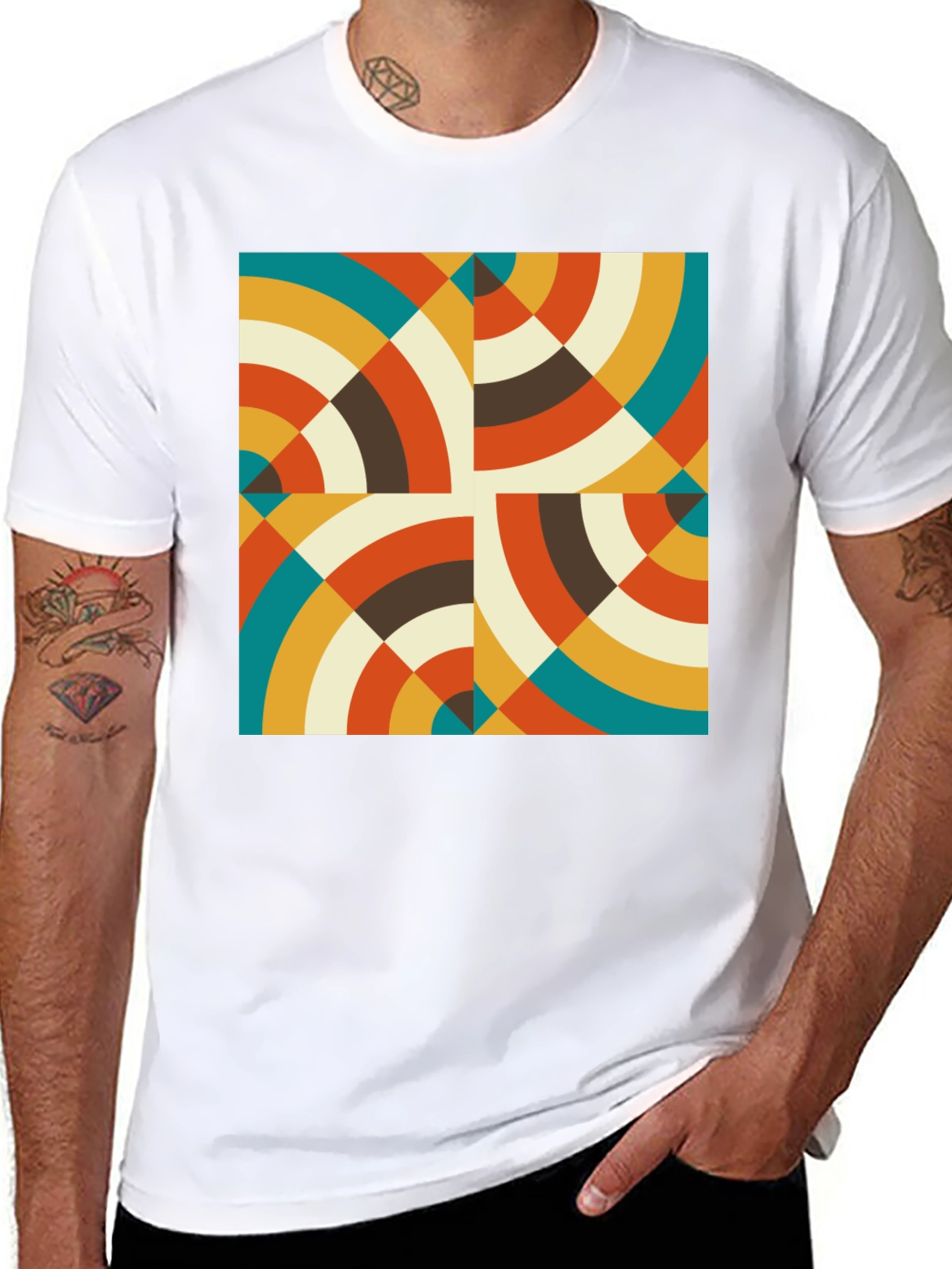Retro Geometric Circle Pattern Black T-Shirt