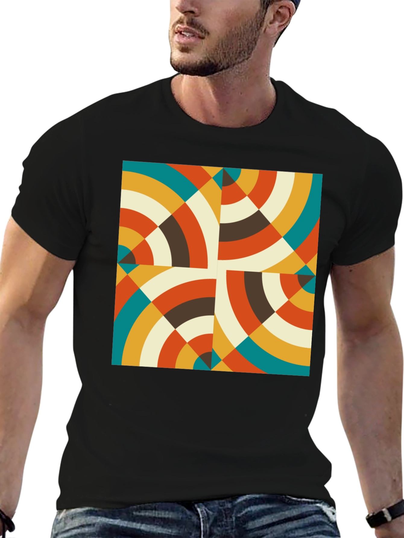 Retro Geometric Circle Pattern Black T-Shirt