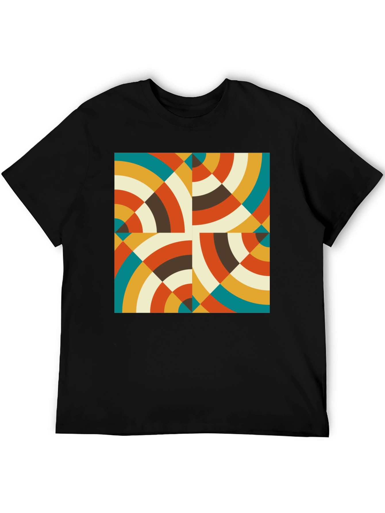 Retro Geometric Circle Pattern Black T-Shirt