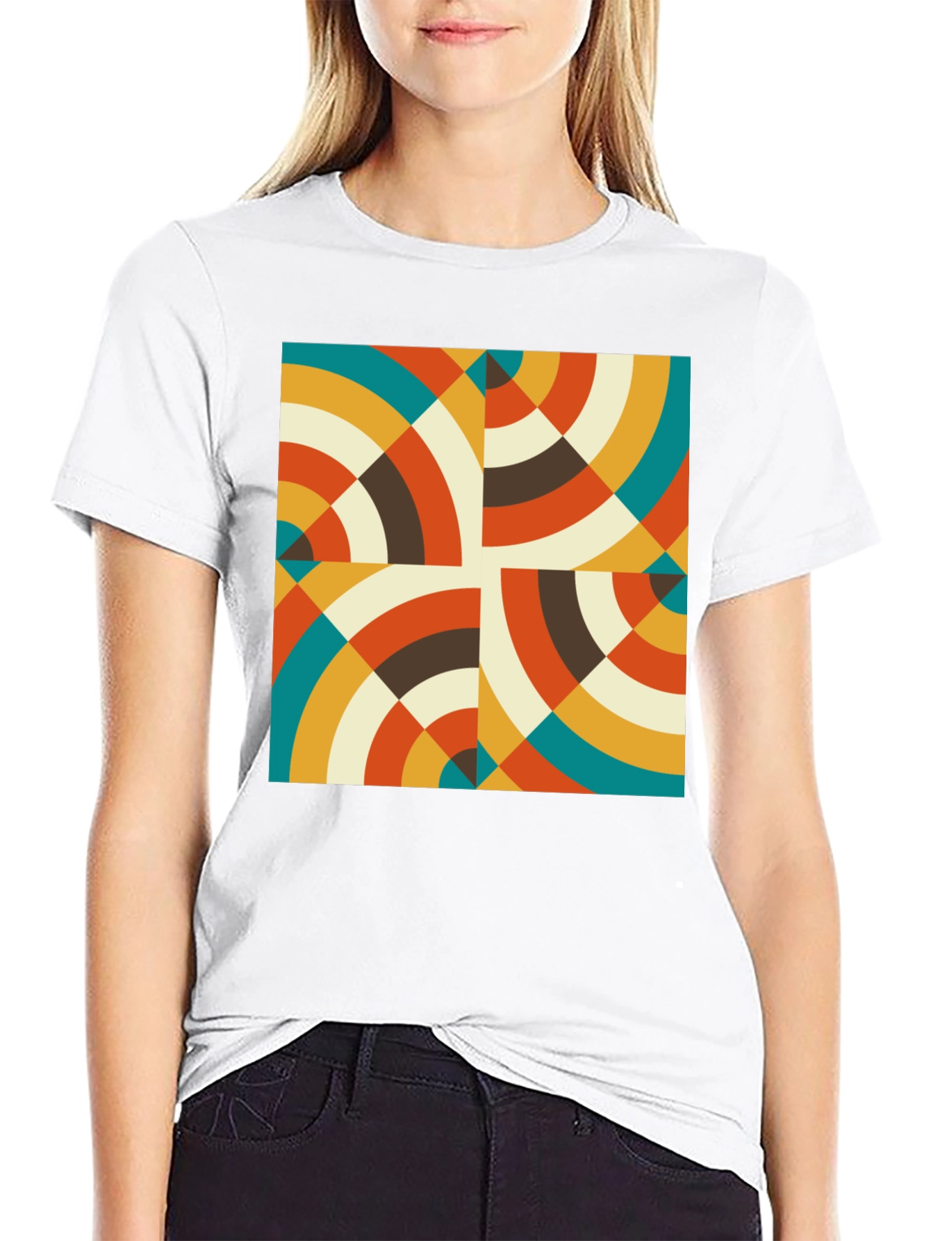 Retro Geometric Circle Pattern Black T-Shirt