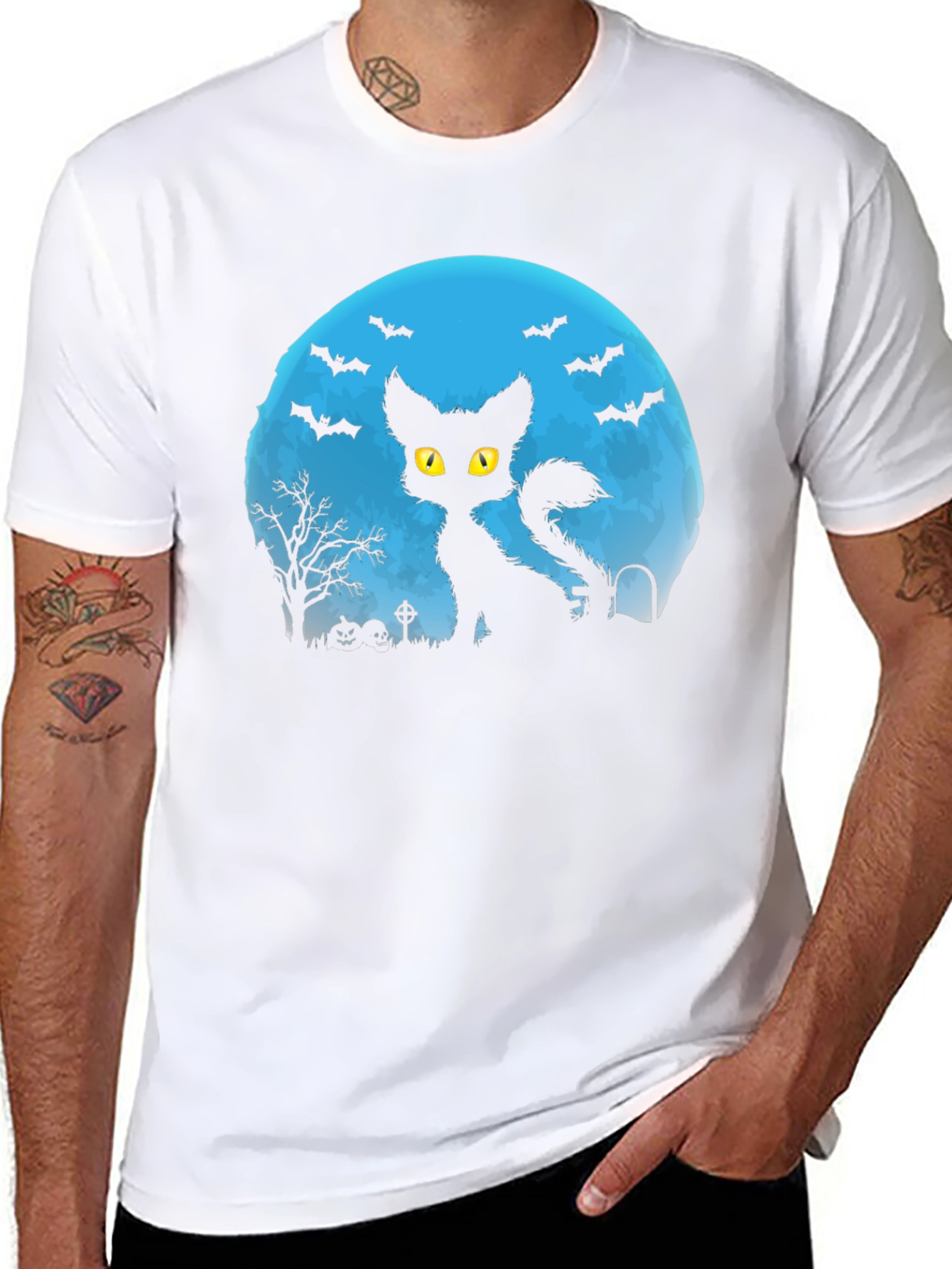 Halloween Cat Silhouette T-Shirt - Spooky Moon Design