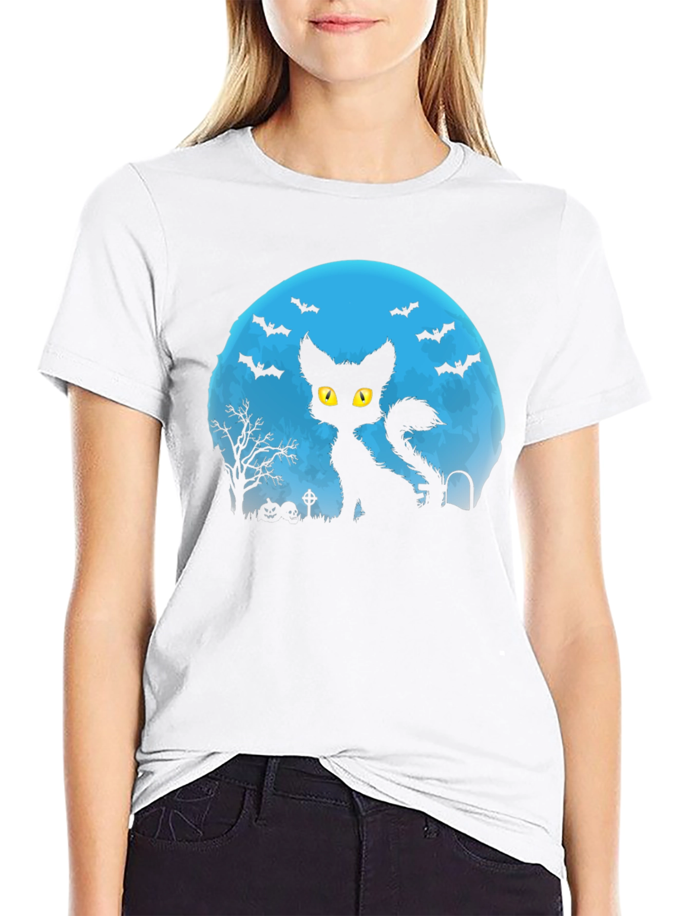 Halloween Cat Silhouette T-Shirt - Spooky Moon Design