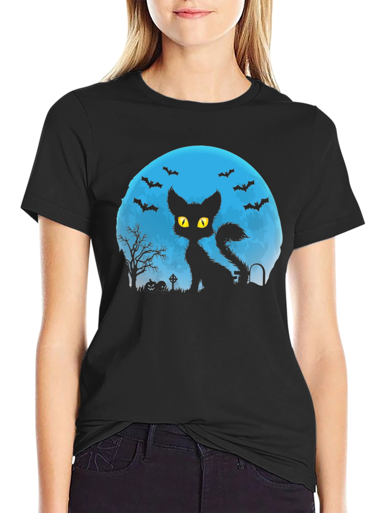 Halloween Cat Silhouette T-Shirt - Spooky Moon Design