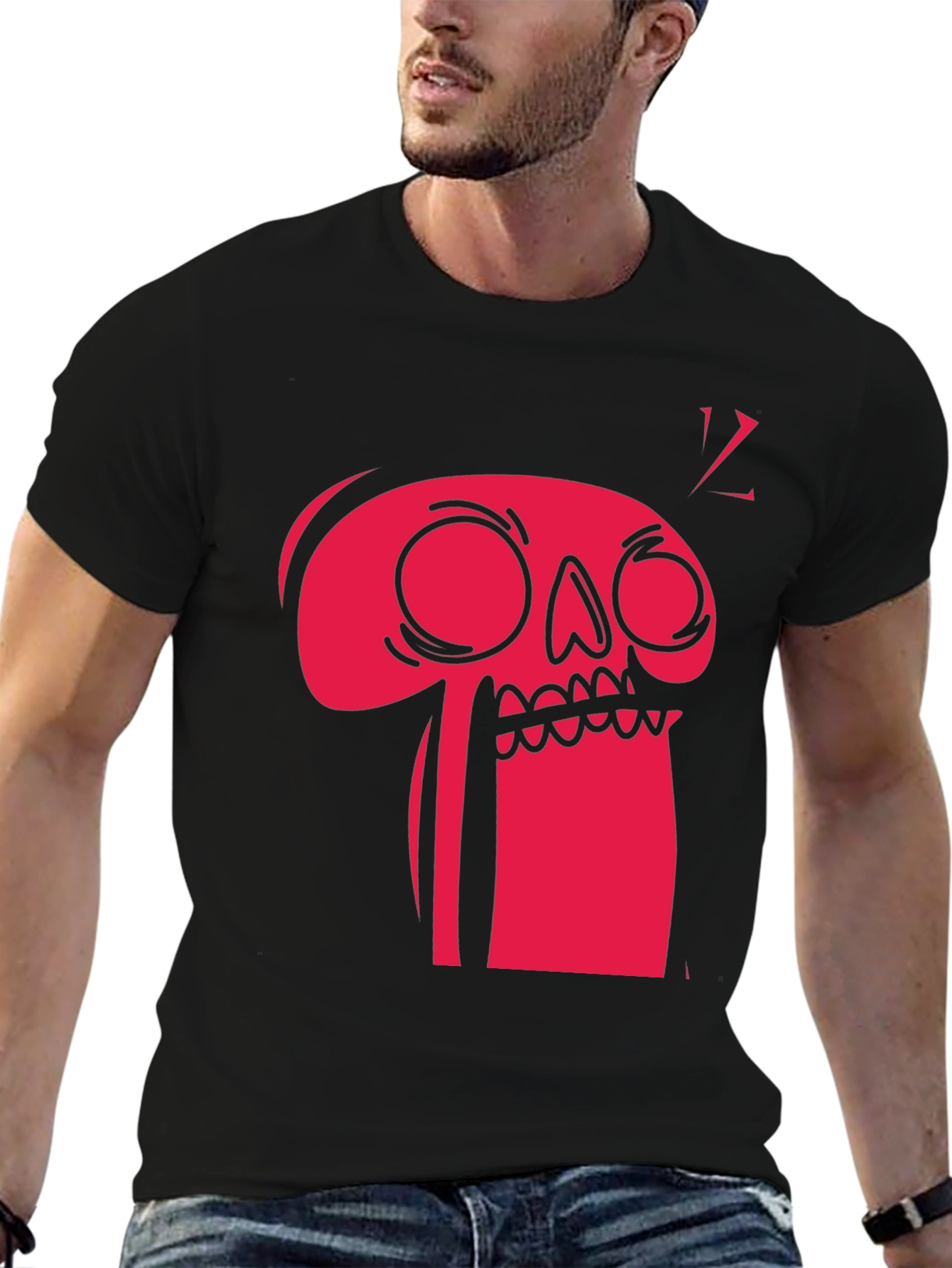 Bold Graphic Tee - Red Cartoon Skull on Black
