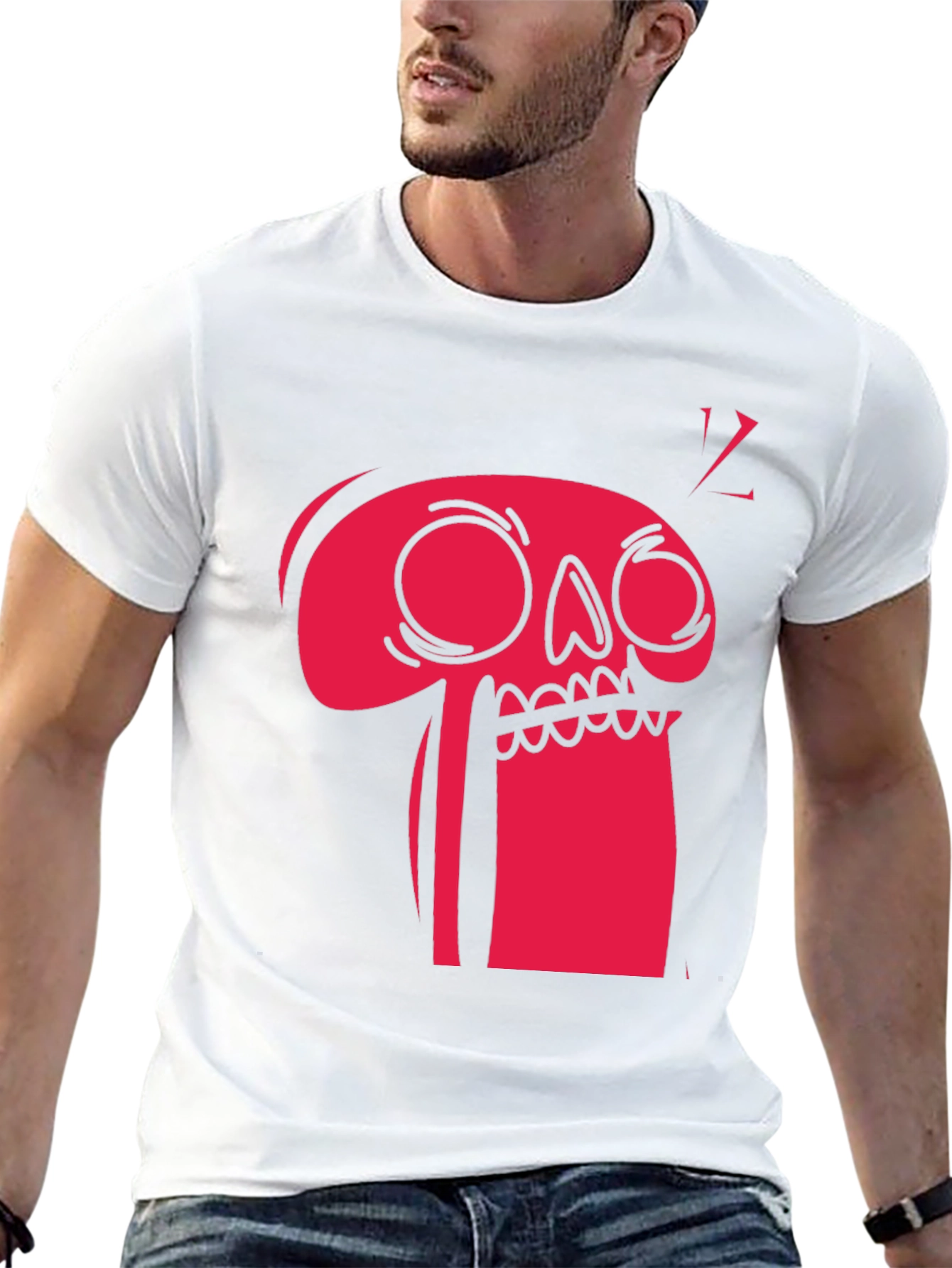 Bold Graphic Tee - Red Cartoon Skull on Black