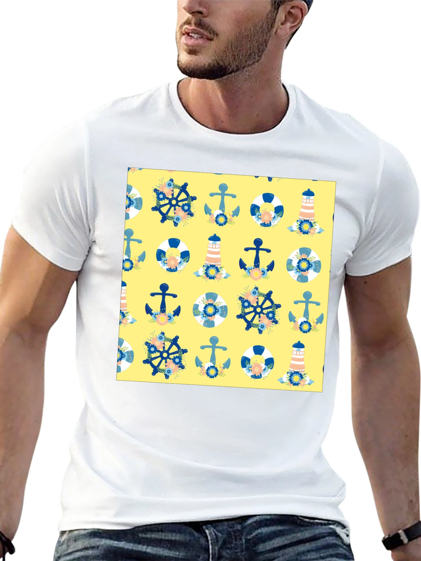 Nautical Pattern T-Shirt - Anchor Wheel Life Preserver