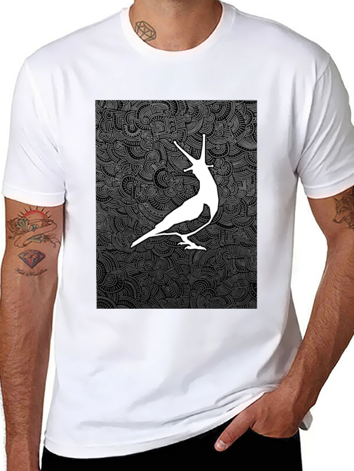 Unique Graphic Tee - White Bird on Dark Pattern
