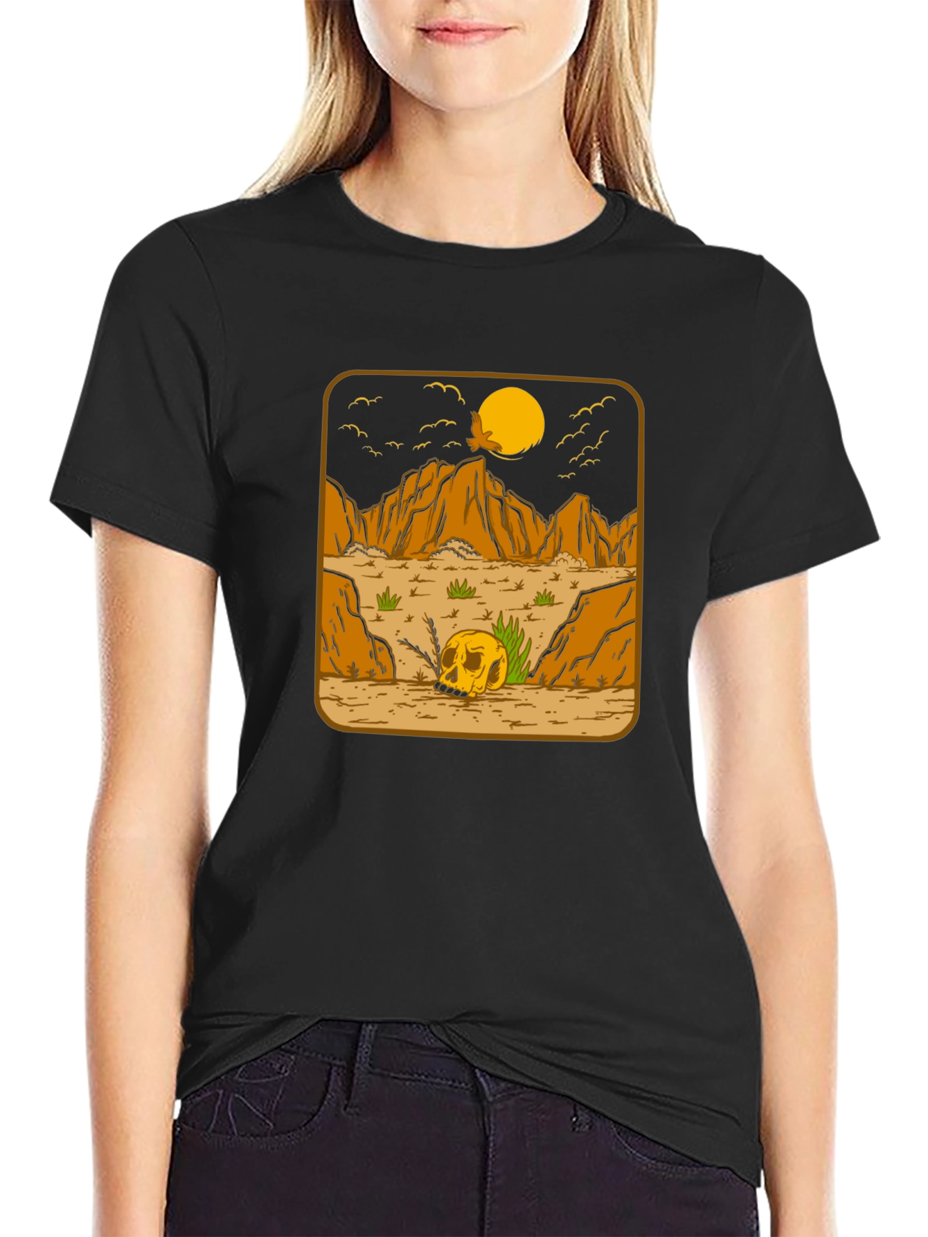 Skull Desert Graphic Tee - Mens Black Cotton T-Shirt
