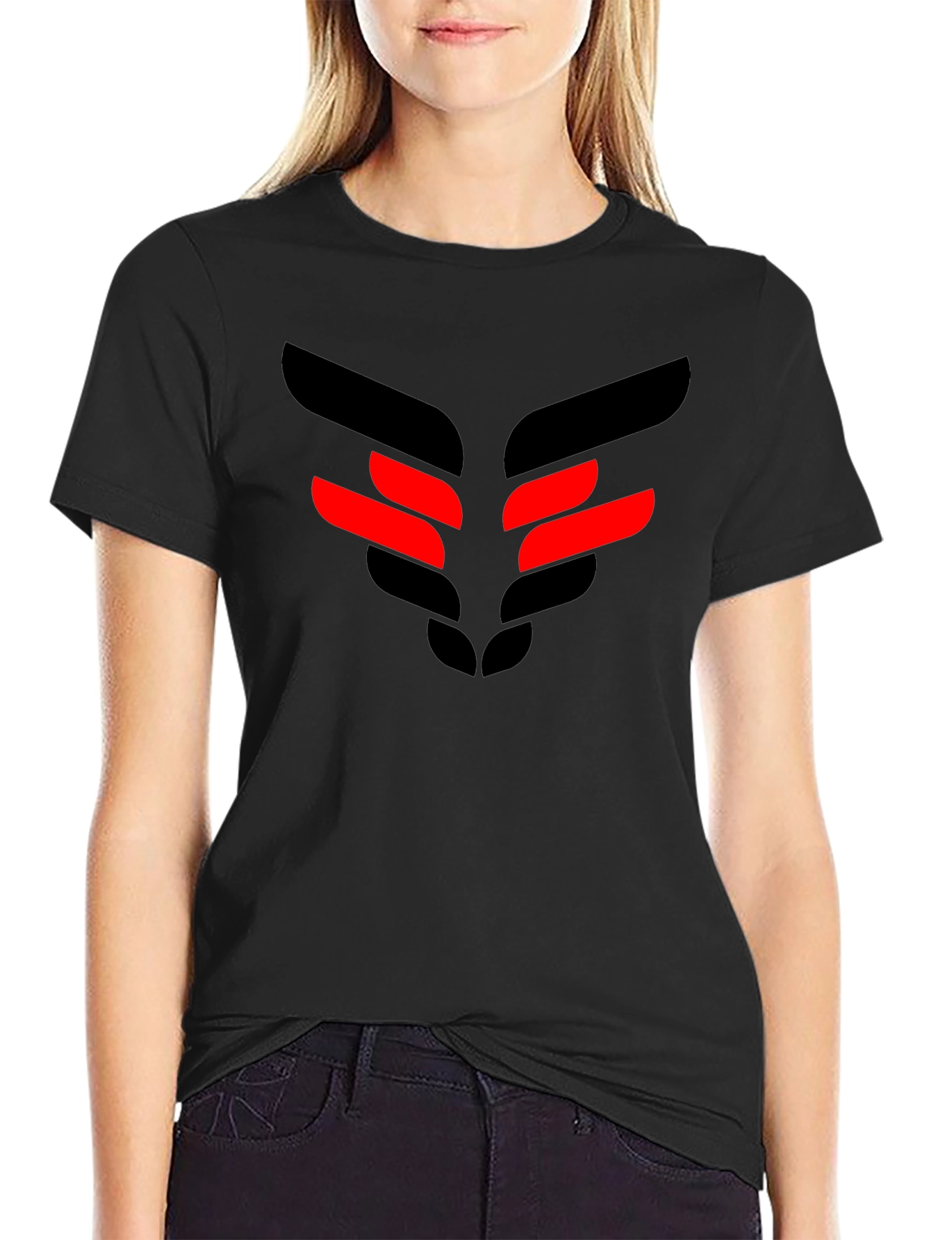 Black T-Shirt with Red & Black Geometric Design