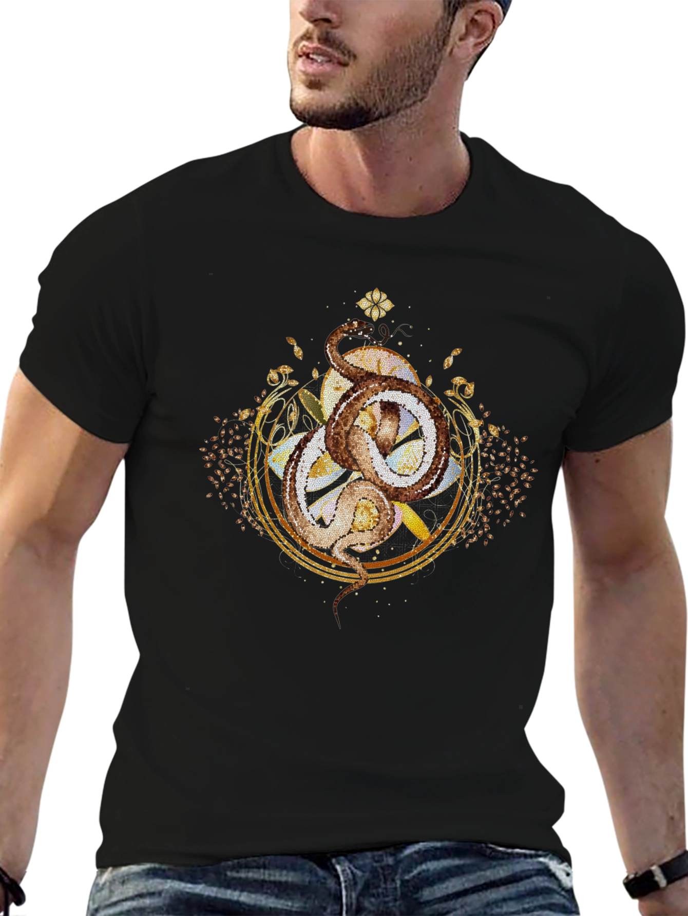 Mystic Serpent T-Shirt: Ornate Gold Design