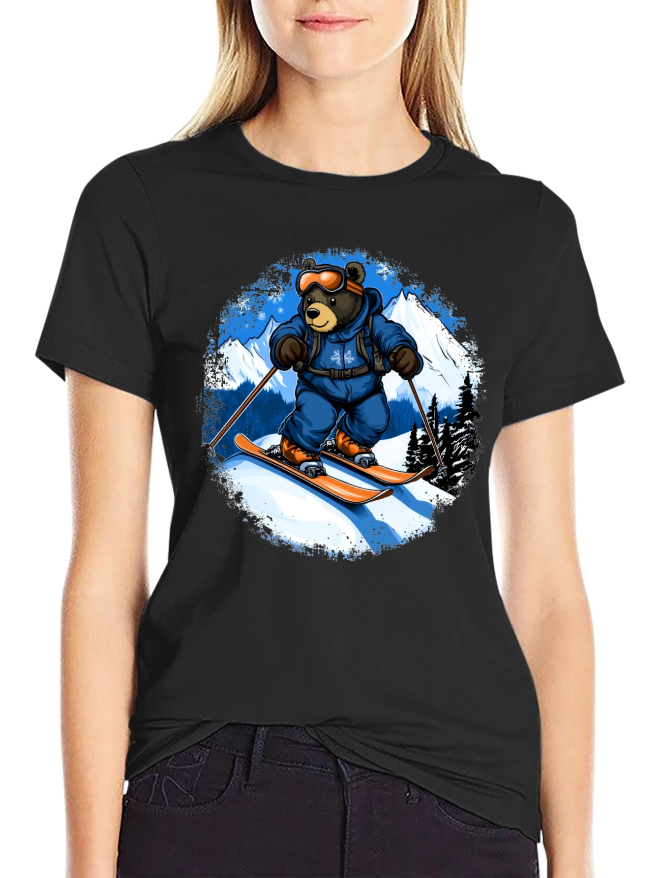 Skiing Bear Graphic Tee - Black Cotton T-Shirt