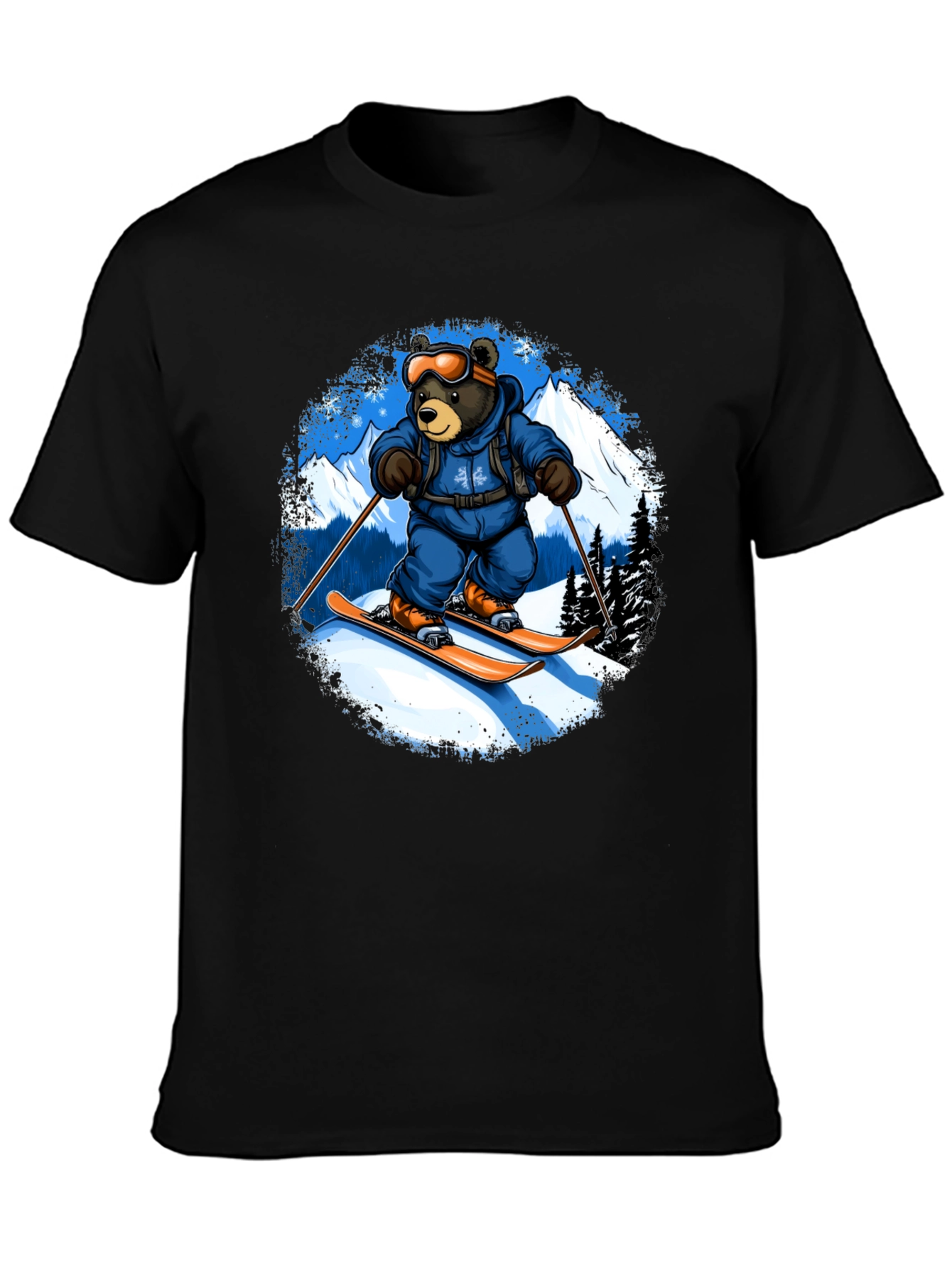 Skiing Bear Graphic Tee - Black Cotton T-Shirt