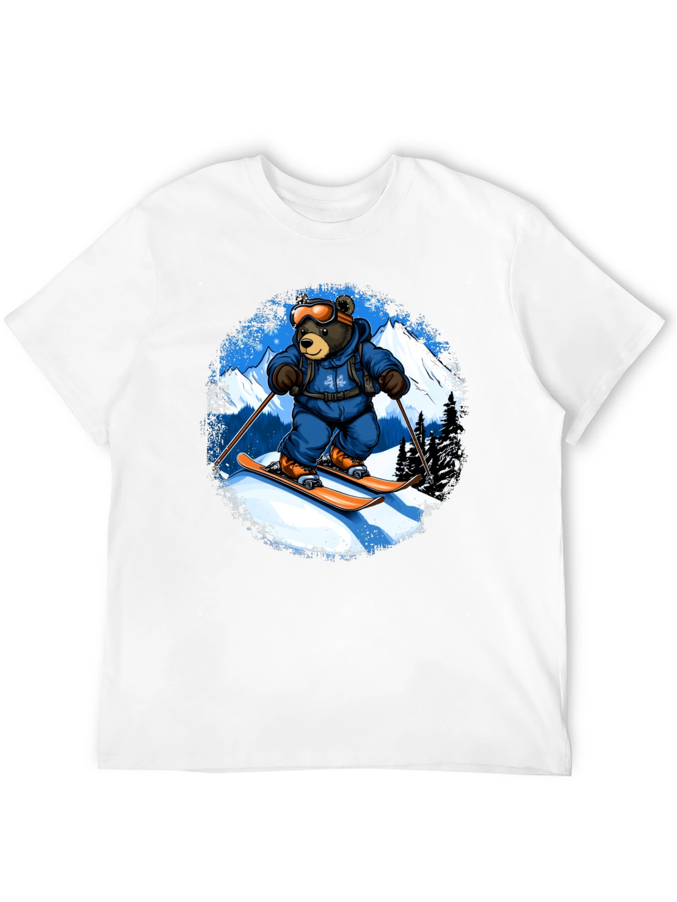 Skiing Bear Graphic Tee - Black Cotton T-Shirt