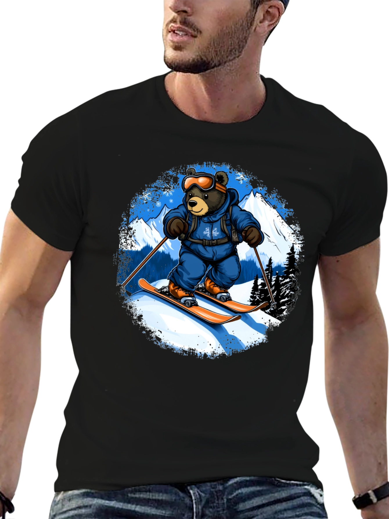 Skiing Bear Graphic Tee - Black Cotton T-Shirt