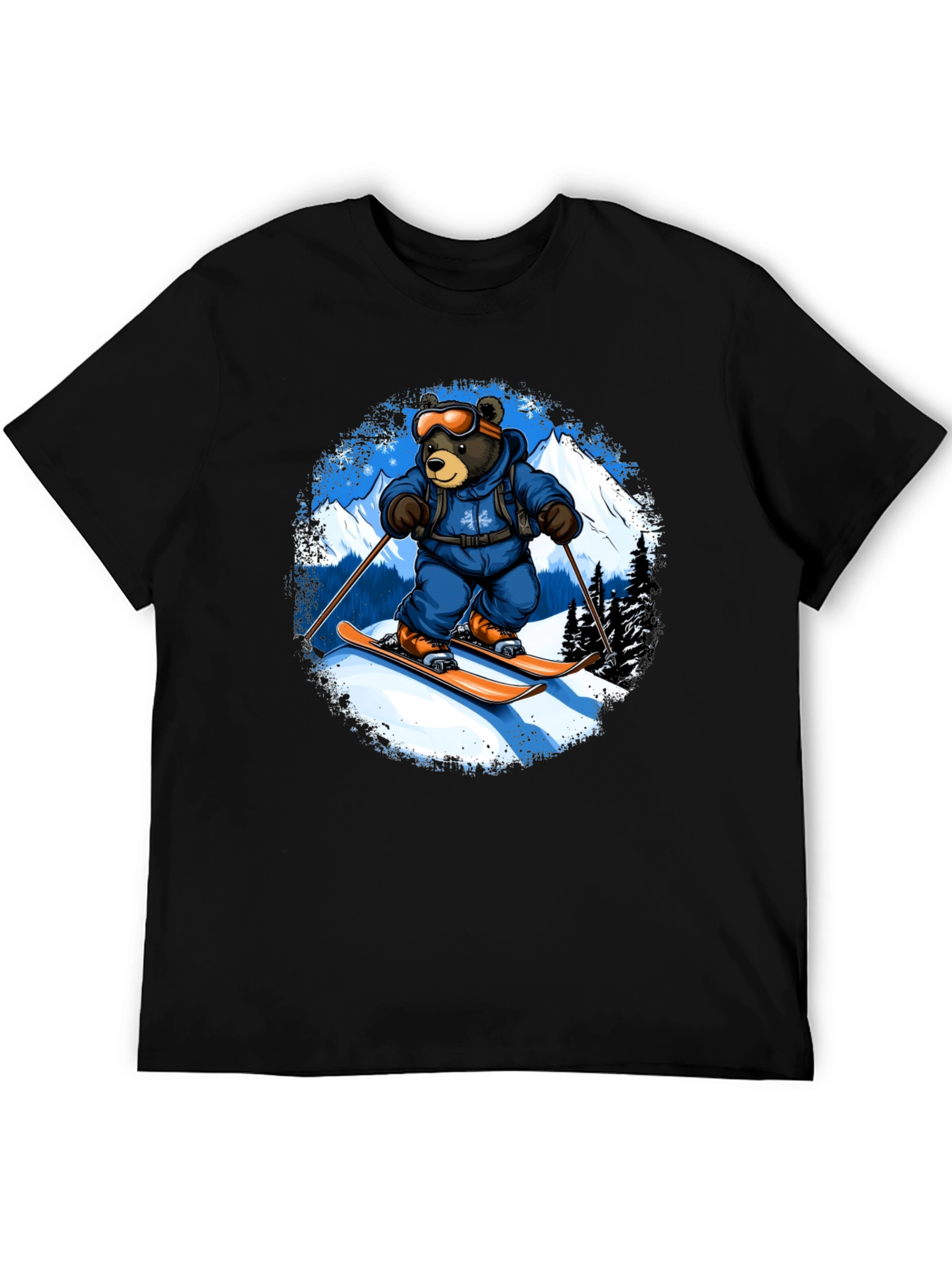 Skiing Bear Graphic Tee - Black Cotton T-Shirt