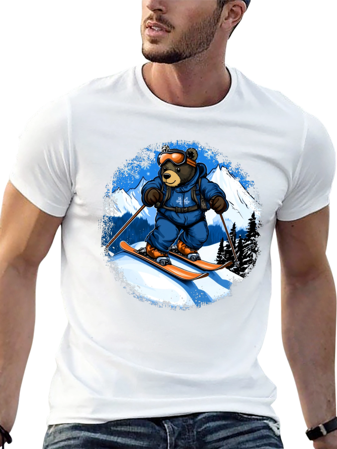 Skiing Bear Graphic Tee - Black Cotton T-Shirt