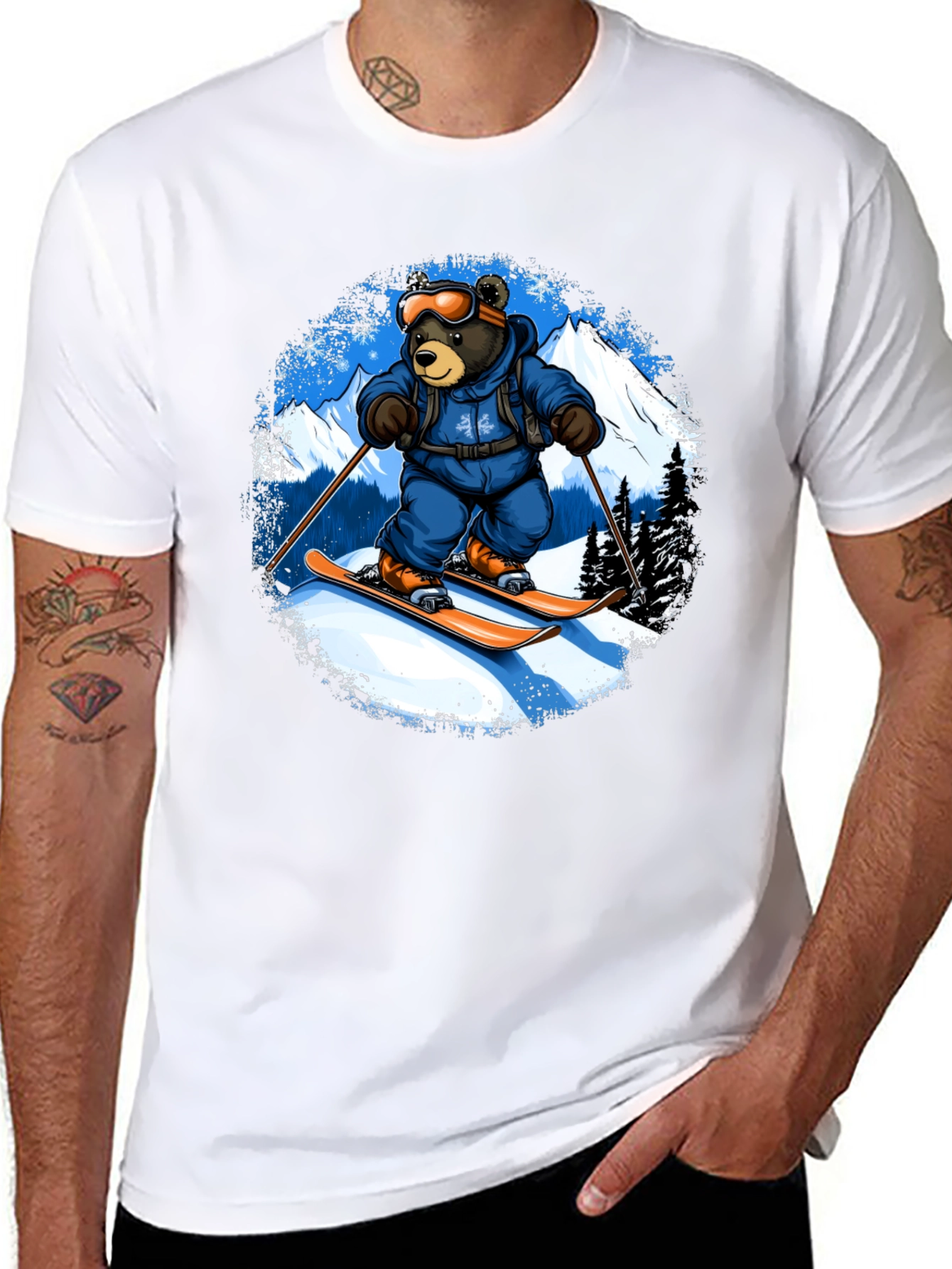 Skiing Bear Graphic Tee - Black Cotton T-Shirt