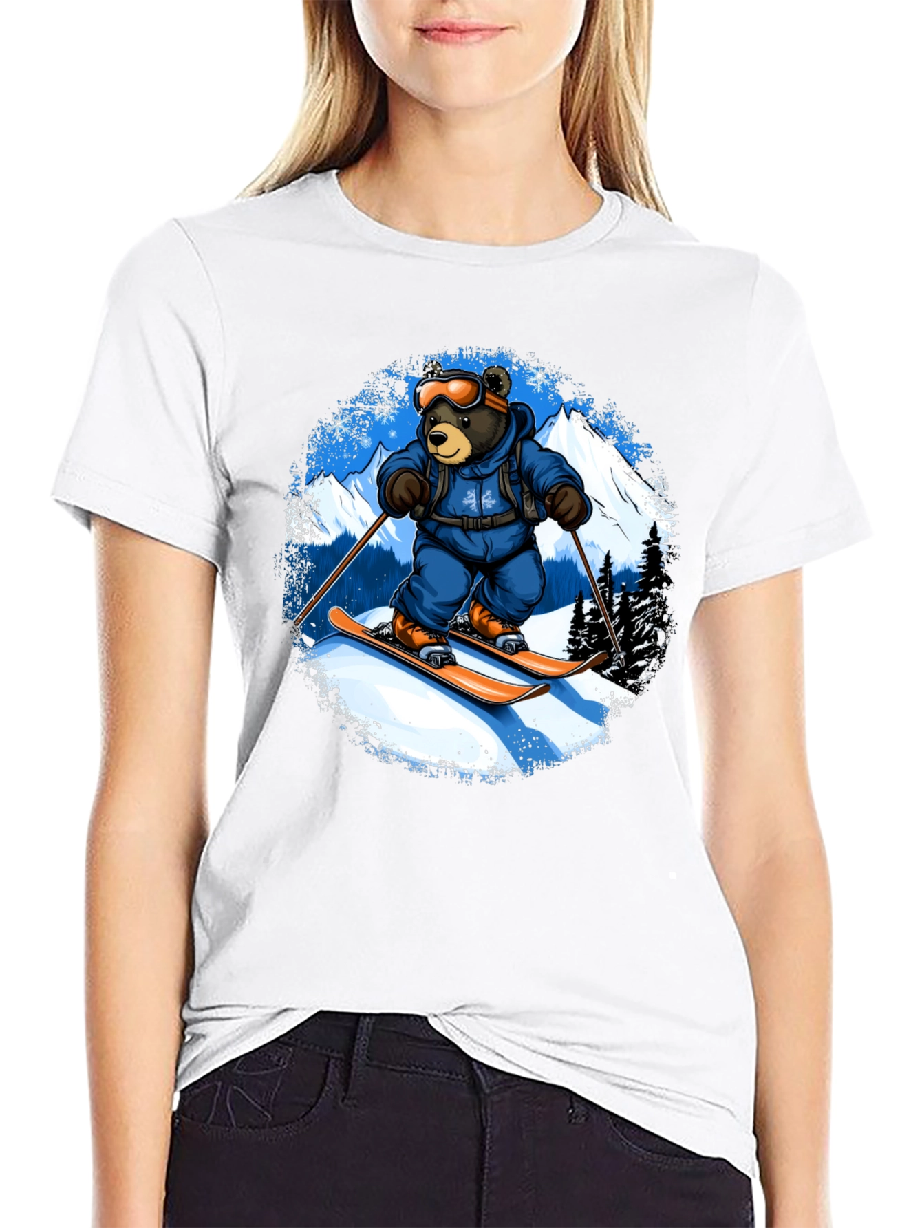 Skiing Bear Graphic Tee - Black Cotton T-Shirt
