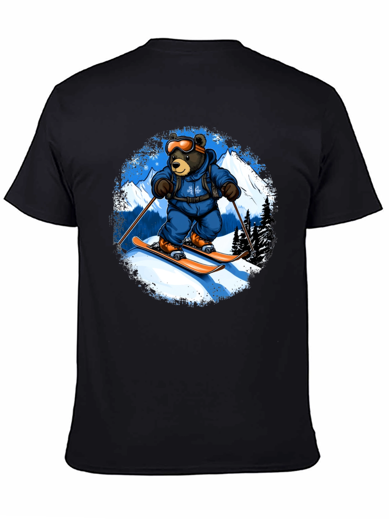 Skiing Bear Graphic Tee - Black Cotton T-Shirt