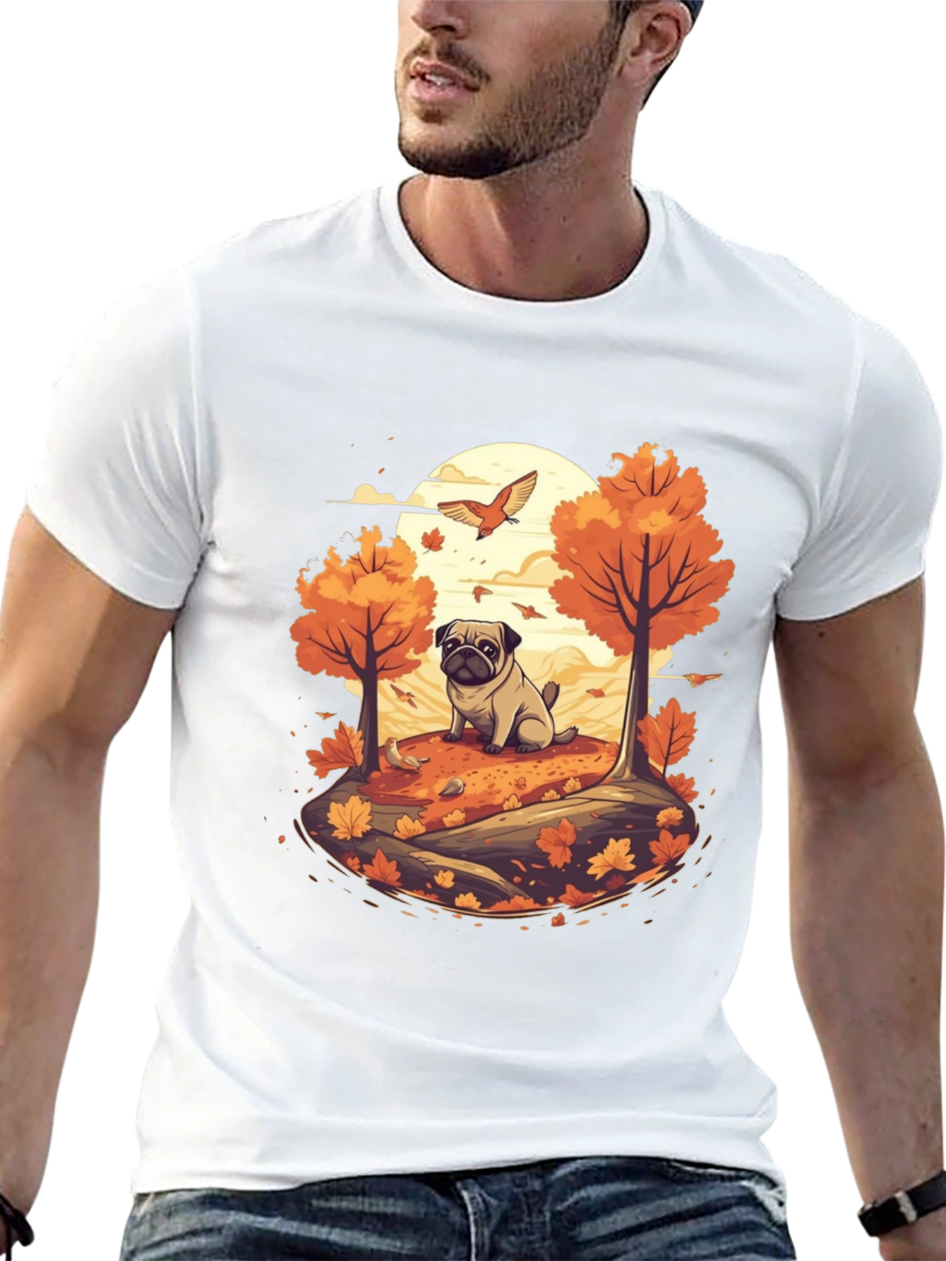 Pug in Autumn T-Shirt - Whimsical Fall Design