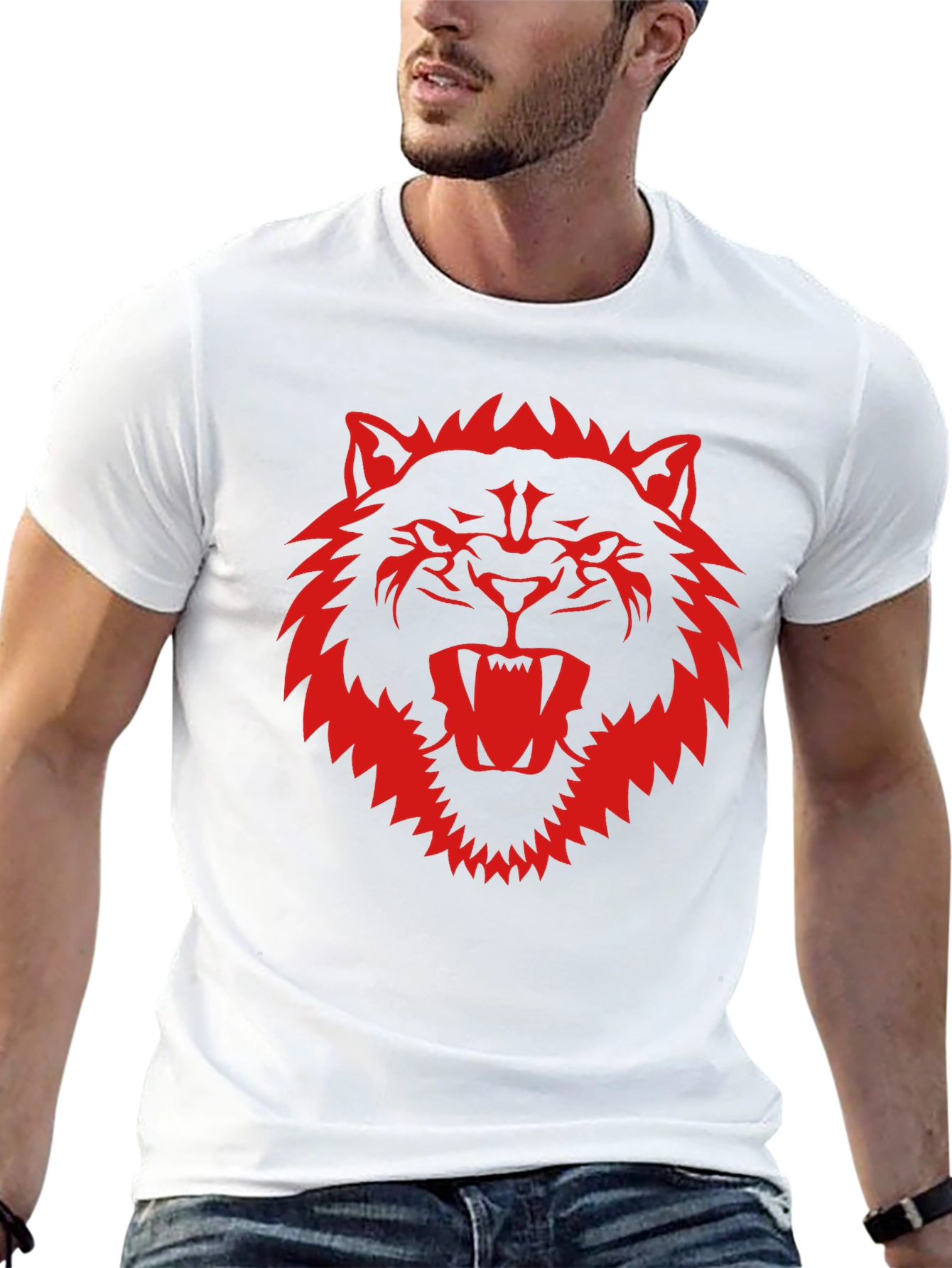 Black T-Shirt with Fierce Red Wolf Graphic