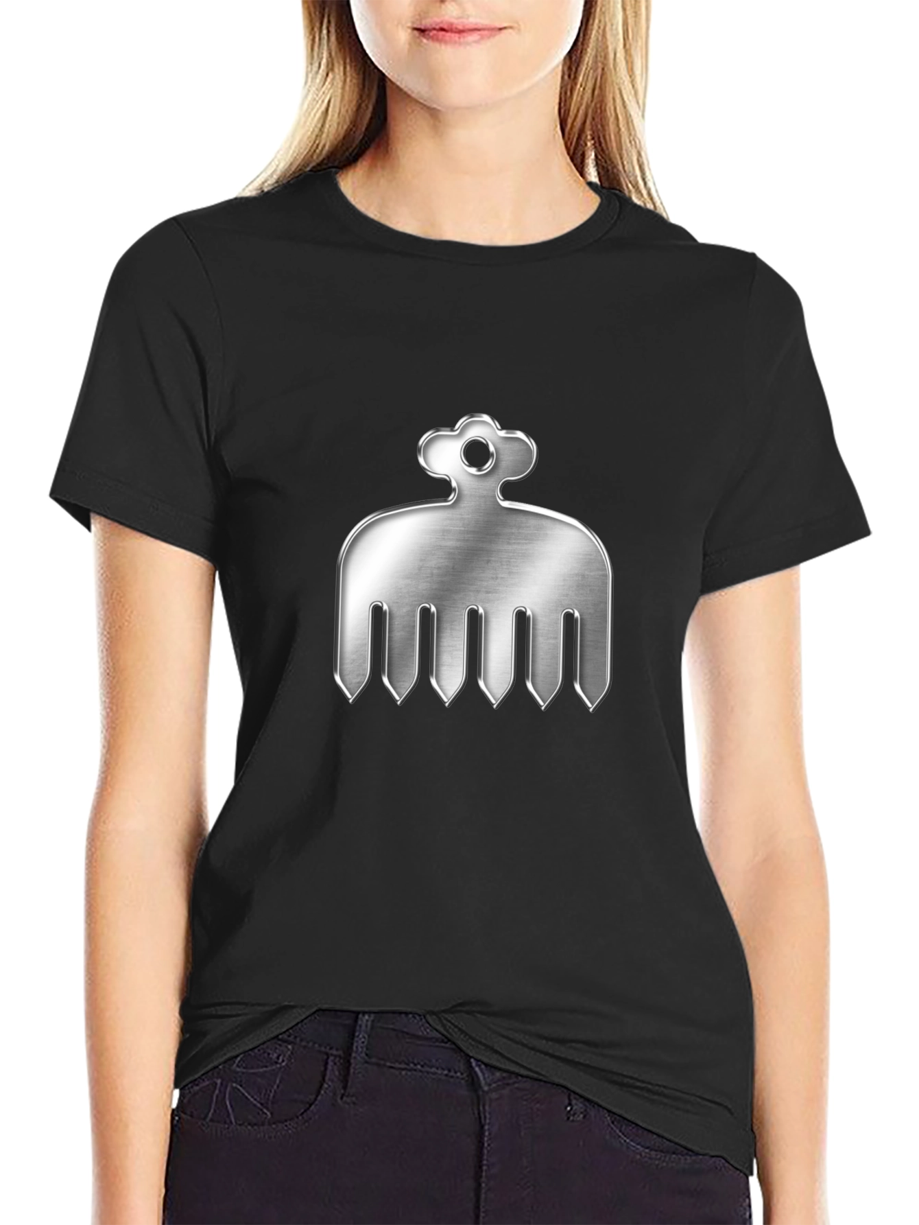Mens Black T-Shirt with Silver Comb Design