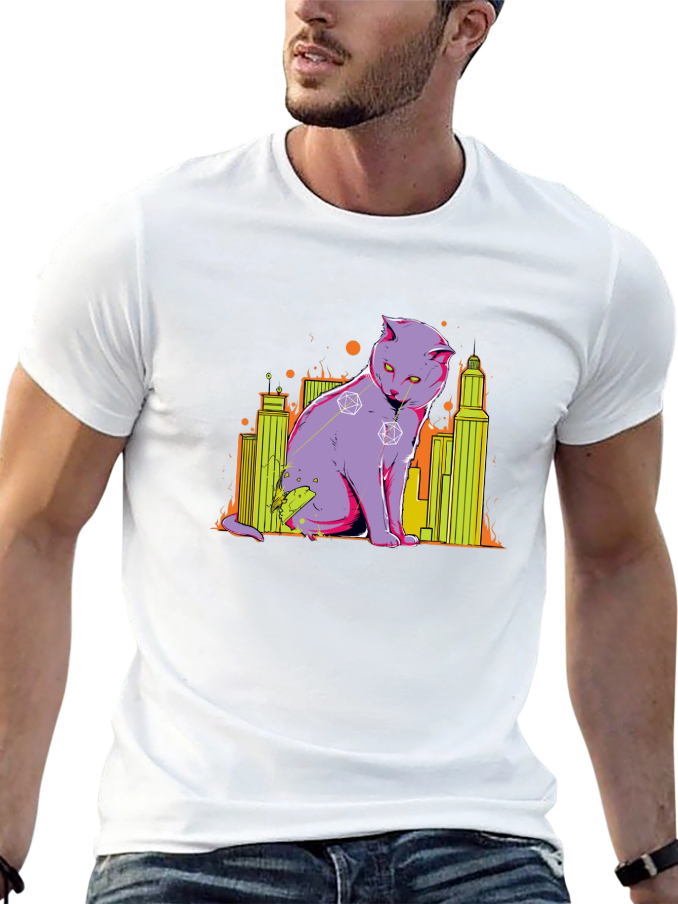 D&D Dice Cat Cityscape Graphic T-Shirt