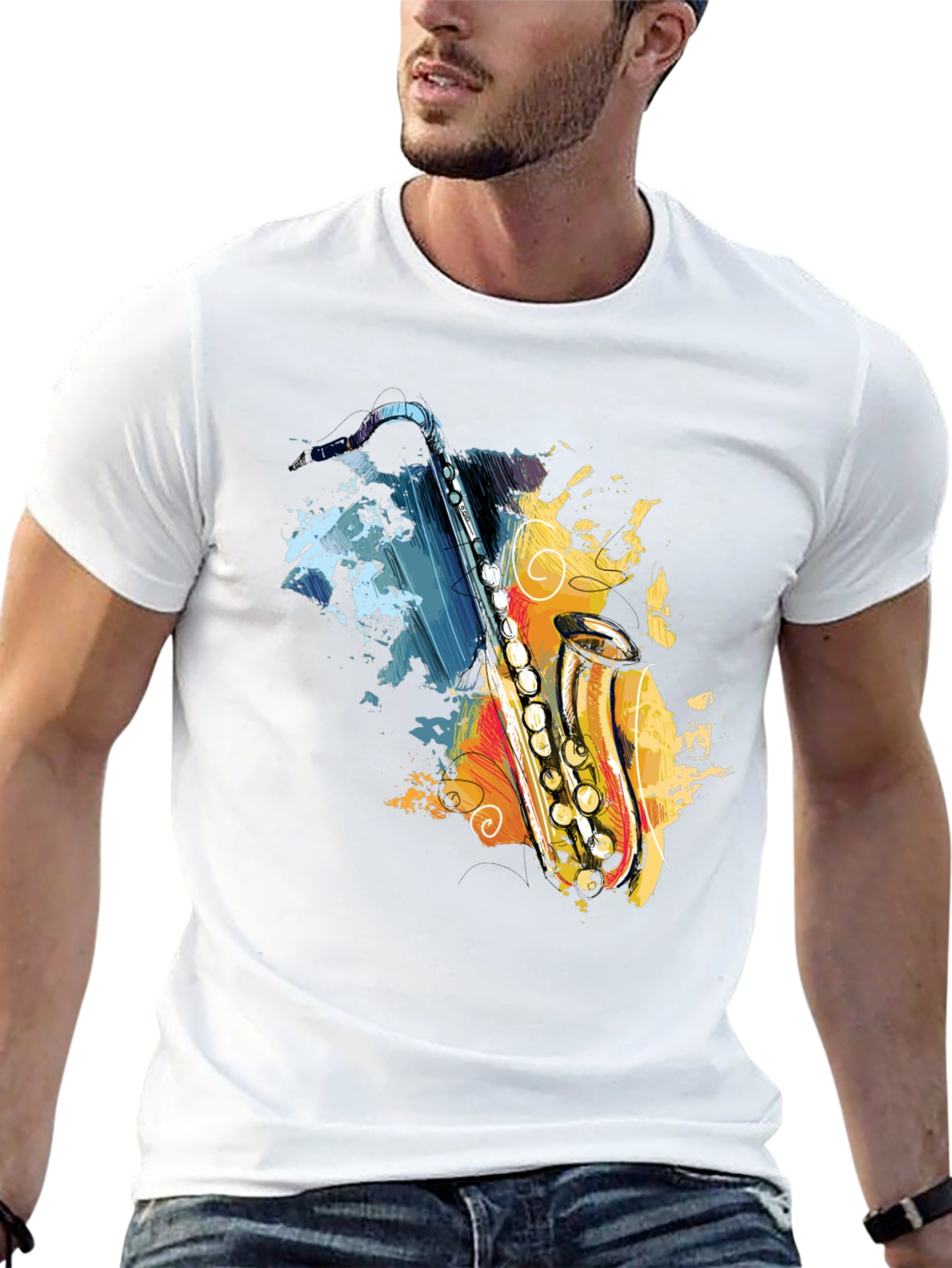 Saxophone Art Graphic T-Shirt - Black Cotton Tee