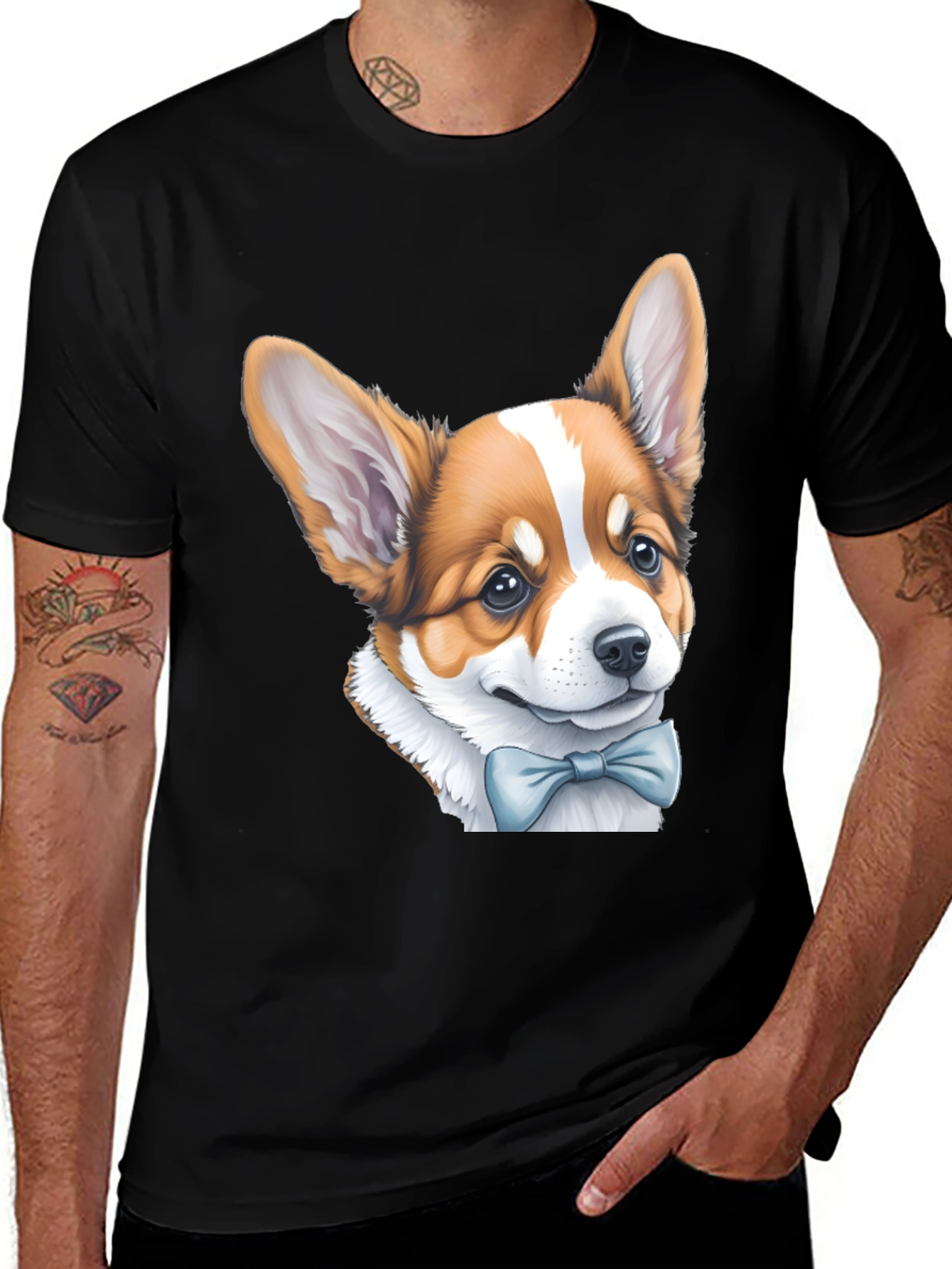 Corgi Bow Tie Black T-Shirt