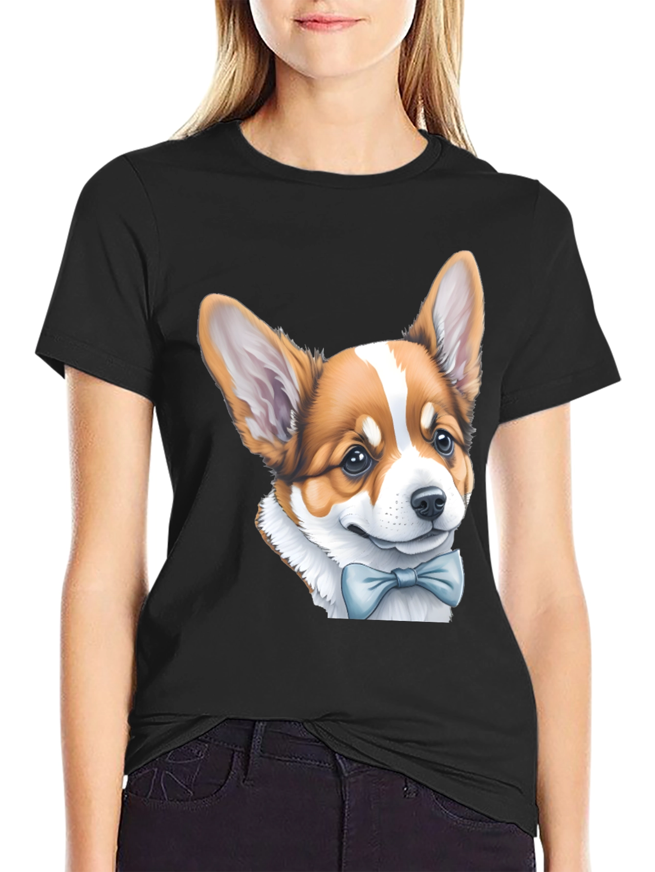 Corgi Bow Tie Black T-Shirt