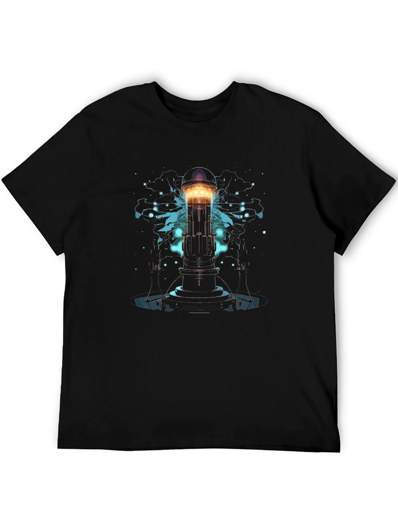 Mens Black T-Shirt with Sci-Fi Tower Graphic